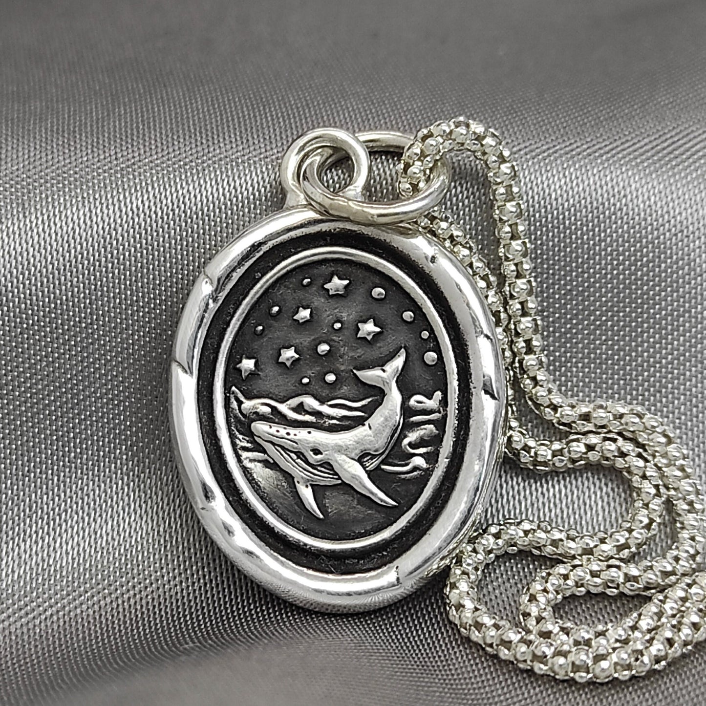 Whale Necklace, Wax Seal Ocean Celestial Pendant, Handmade Silver Charm, Intaglio Seal Heirloom, Original Design Liliane Ting 072