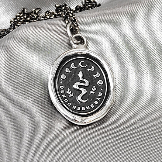 Snake Celestial Necklace - I Shall Rise Again - Wax Seal Pendant, Handmade Silver Talisman, Heirloom, Original Design Liliane Ting LT044