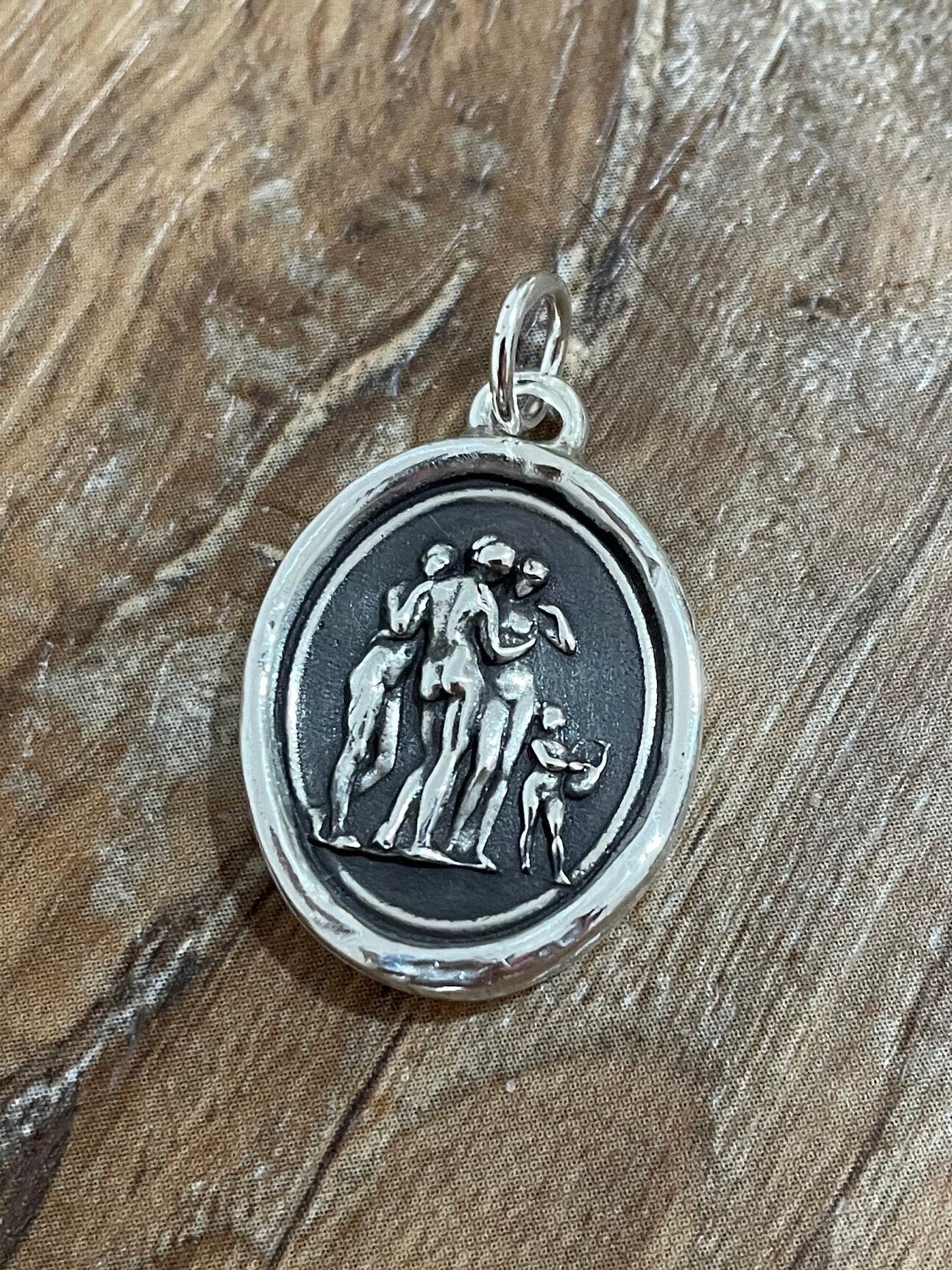 Three Graces with Cupid Wax Seal Necklace Pendant, Handmade Silver Talisman, Intaglio Seal Heirloom Original Design by Liliane Ting LT020