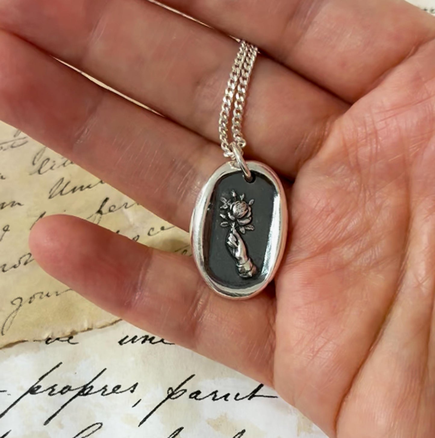 Rose Necklace, Wax Seal Graceful Hand Pendant, Handmade Silver Talisman, Heirloom, Original Design LT Studio LT136