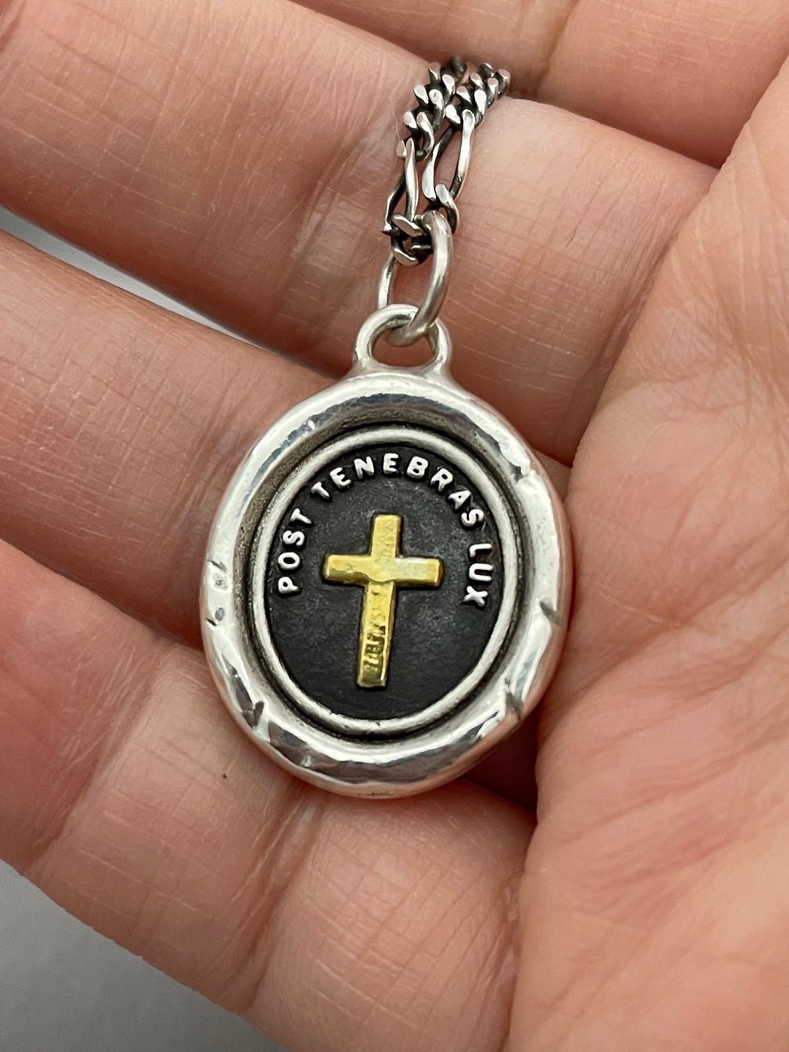 Cross Pendant Wax Seal Necklace, 22K Gold Overlay Fine Silver, Handmade, Intaglio Seal Heirloom, Original Design Liliane Ting Studio LT080