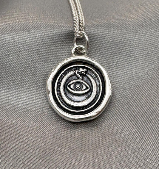 All Seeing Eye & Serpent Pendant, Protective Amulet Wax Seal Necklace, Handmade Silver Talisman , Intaglio Seal Heirloom, Original Design LT