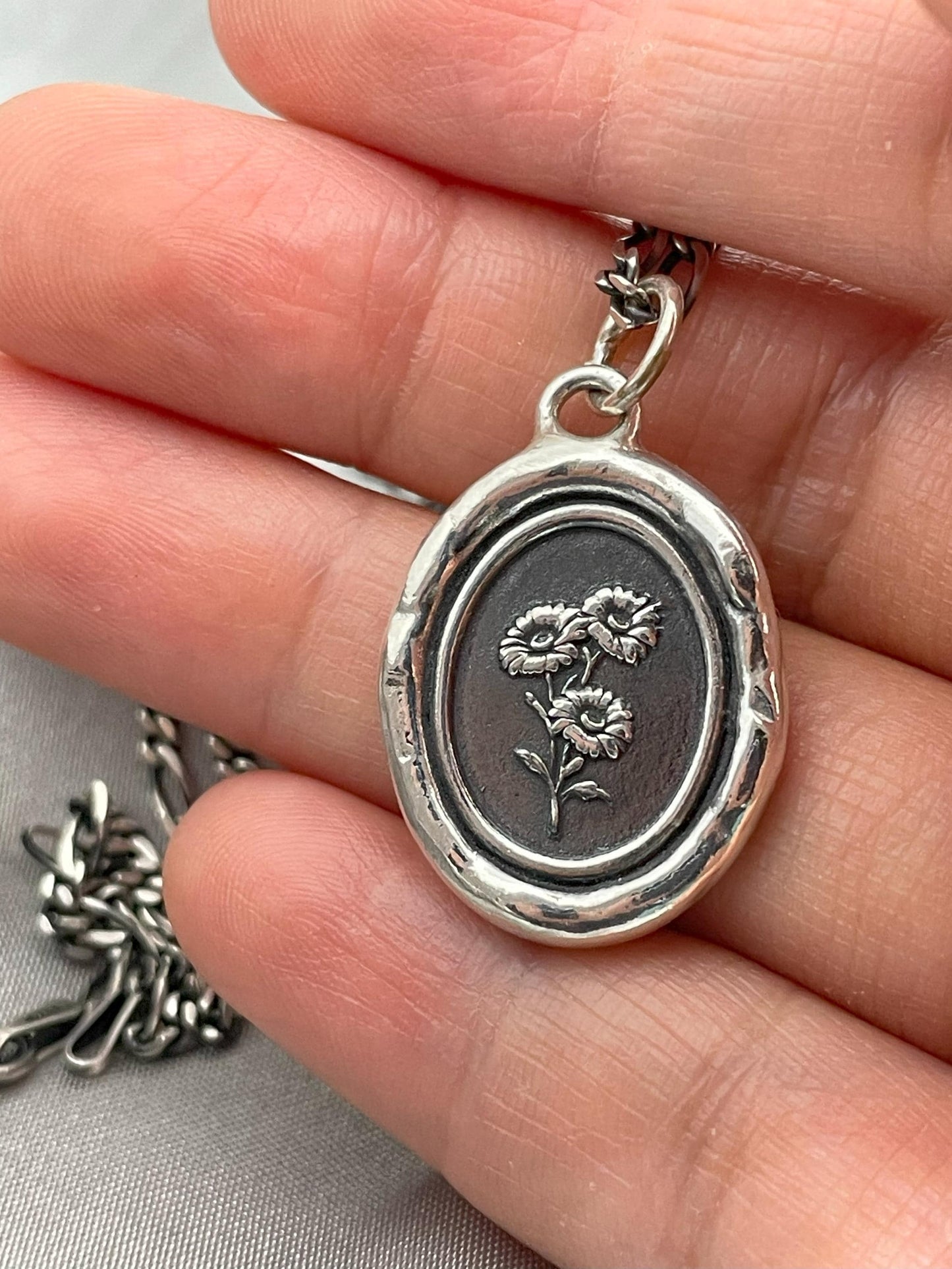 Silver Daisy Pendant, Flower Wax Seal Necklace, Handmade Silver Charm, Intaglio Seal Heirloom, Original Design LT090