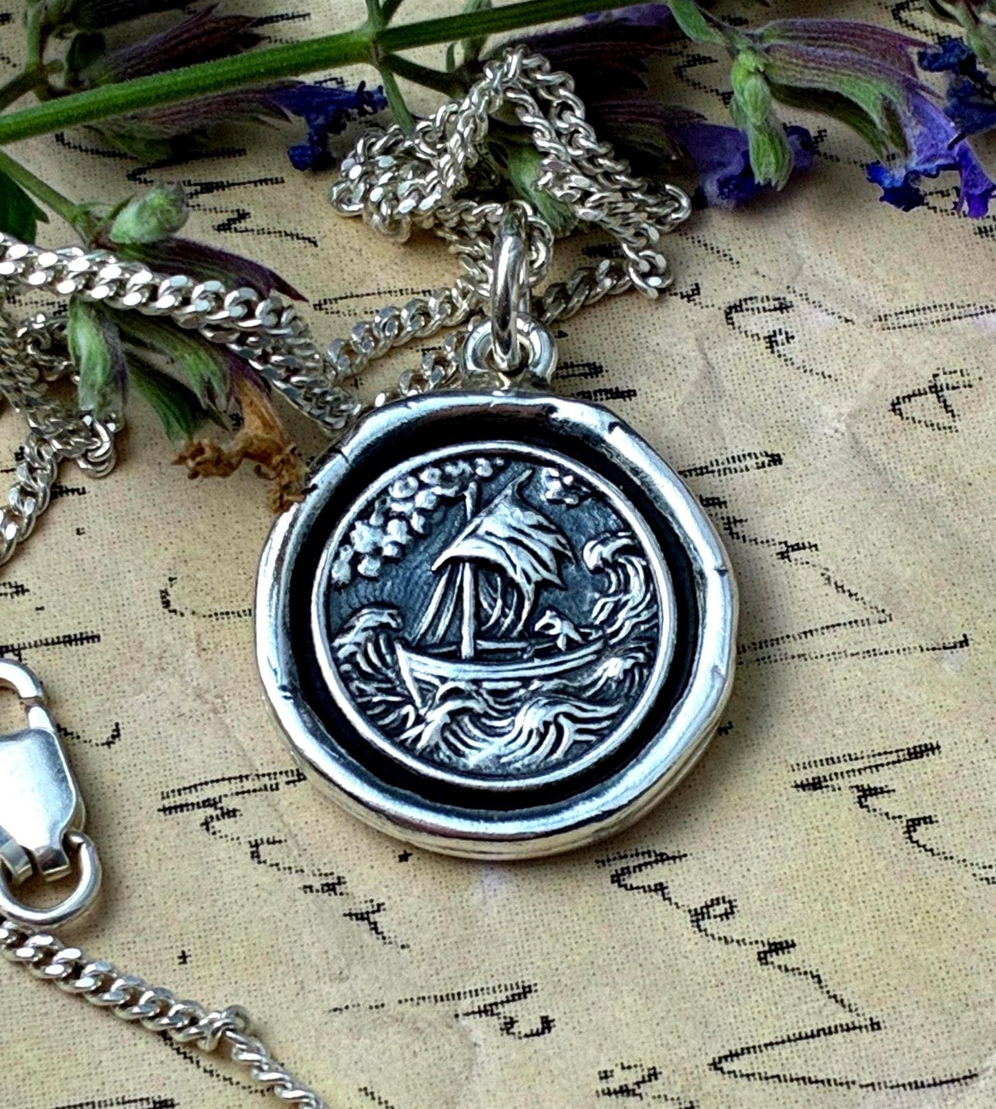 Stormy Sea Boat Pendant – Nautical Wax Seal Necklace – Handmade Silver Talisman – Symbol of Strength, Journey & Faith Original Design LT149