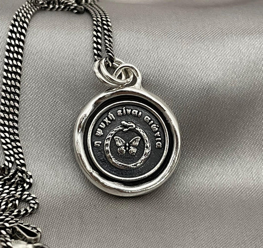 Celestial Snake Butterfly Necklace, Wax Seal Pendant, Handmade Silver Talisman, Intaglio Seal Heirloom, Original Design Liliane Ting LT092