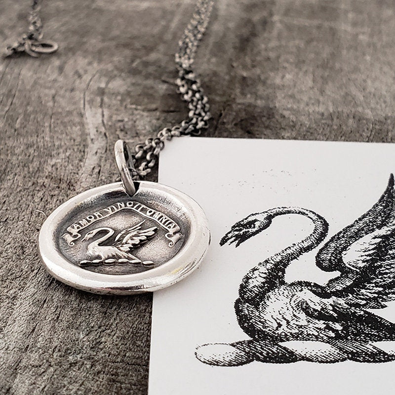 Silver Swan Pendant, Handmade Silver Charm, Wax Seal Necklace, Intaglio Seal Original Design by LilianeTing LT040