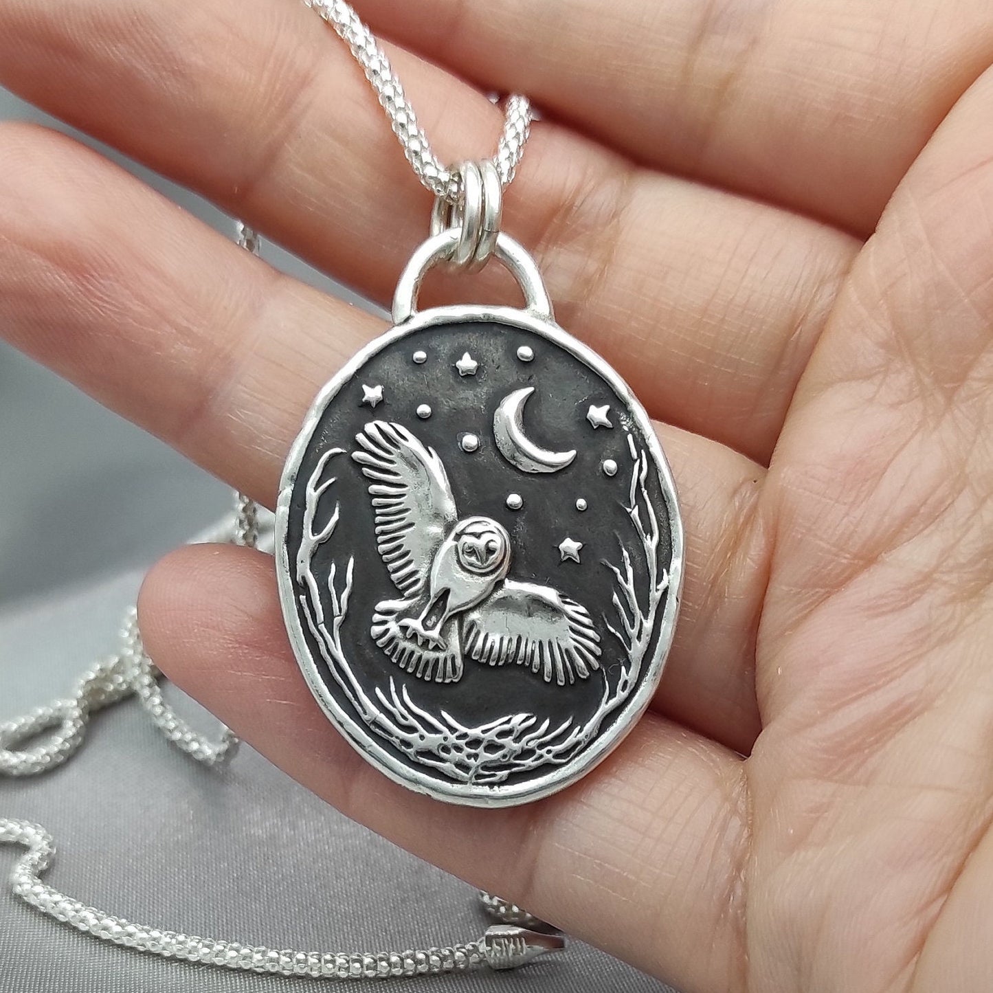 Silver Owl Celestial Pendant, Wax Seal Starry Night Necklace, Handmade Silver Charm, Intaglio Seal Heirloom, Original Design LT068
