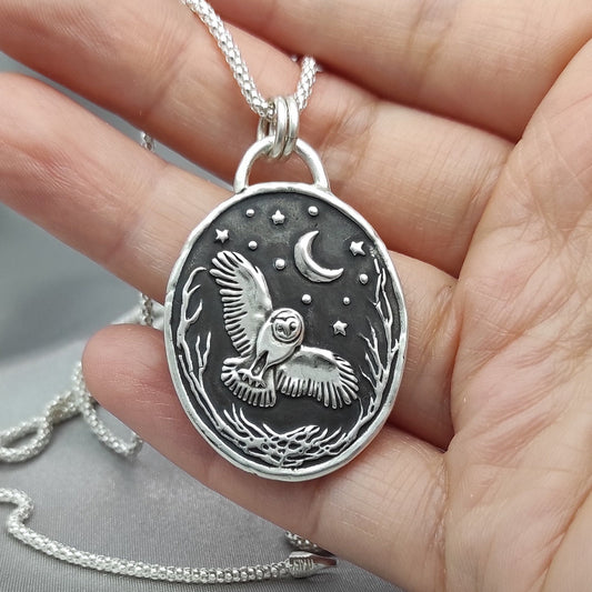 Silver Owl Celestial Pendant, Wax Seal Starry Night Necklace, Handmade Silver Charm, Intaglio Seal Heirloom, Original Design LT068