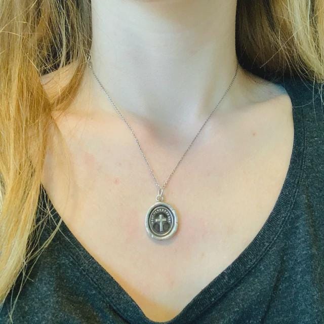 Silver Cross Pendant, Wax Seal Necklace, Handmade Silver Charm, Intaglio Seal Heirloom, Original Design Liliane Ting Studio LT041