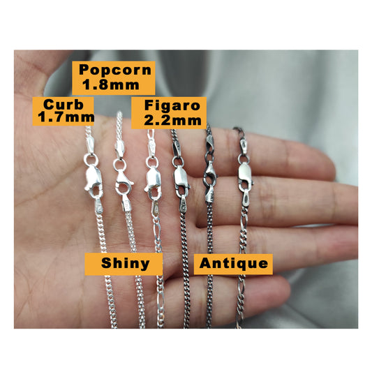 Sterling Silver Chain Made in Italy, Lobster Clasp, Curb, Popcorn, Figaro, Various Lengths Customized