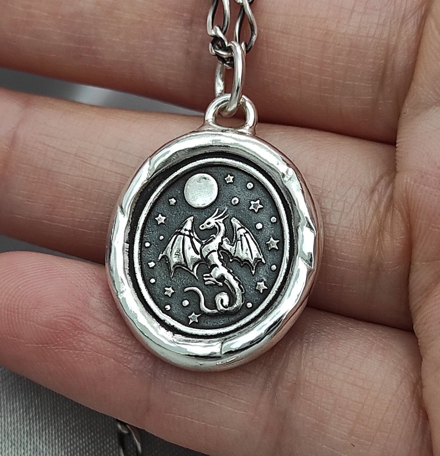 Dragon Celestial Star Moon Wax Seal Necklace Pendant, Handmade Silver Talisman, Intaglio Seal Heirloom, Original Design LT083