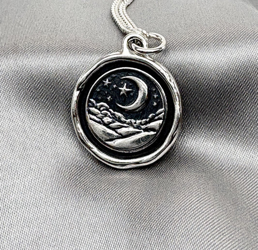 Silver Moon & Stars Pendant – Celestial Wax Seal Night Sky Necklace, Handmade Charm, Intaglio Seal Heirloom, Original Design LT Studio