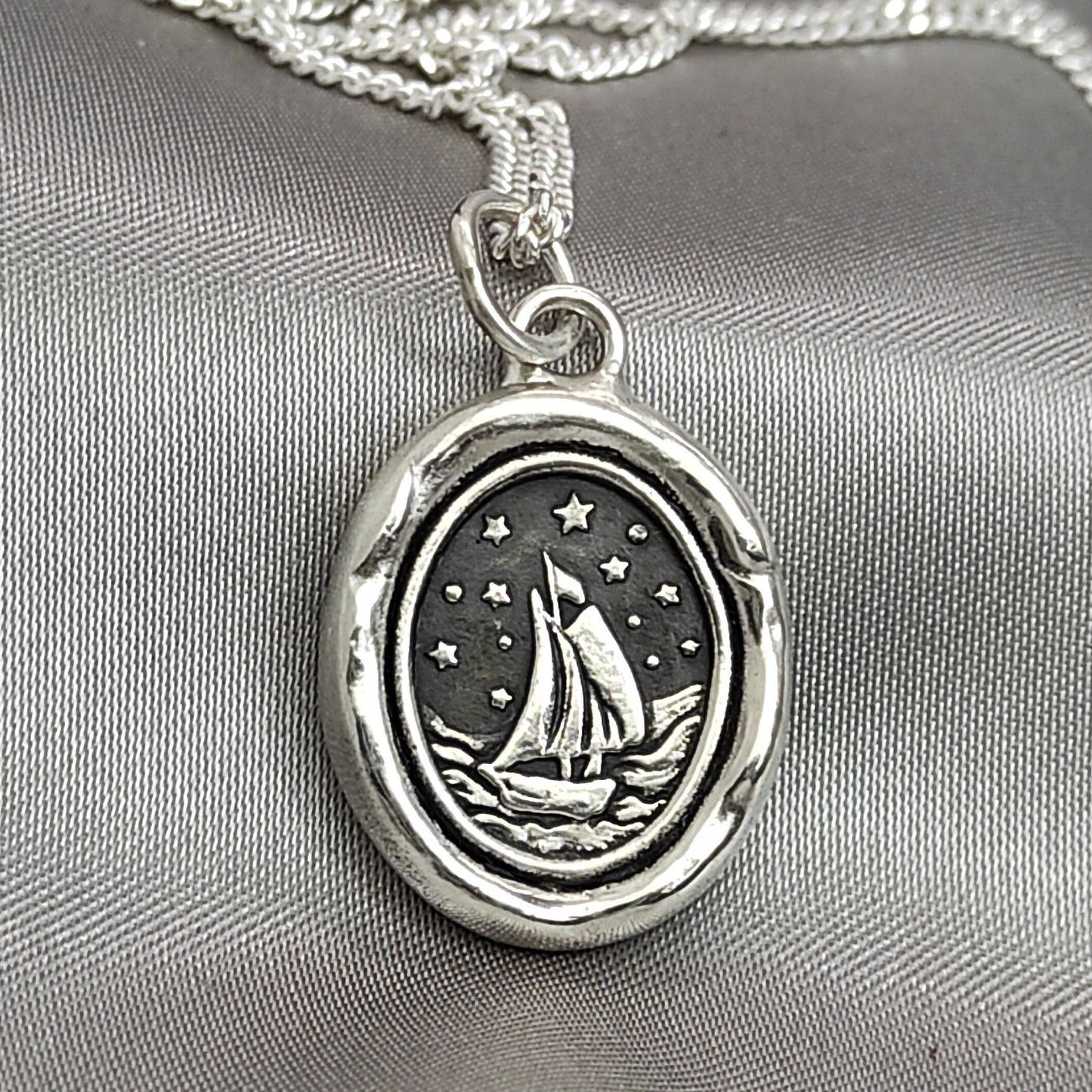 Sailing Boat Bon Voyage Celestial Wax Seal Necklace Pendant, Handmade Silver Talisman, Intaglio Seal Heirloom, LT Studio LT077
