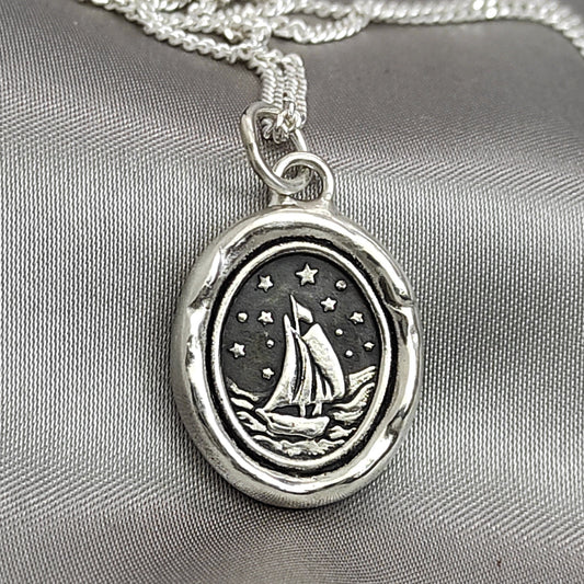 Sailing Boat Bon Voyage Celestial Wax Seal Necklace Pendant, Handmade Silver Talisman, Intaglio Seal Heirloom, LT Studio LT077