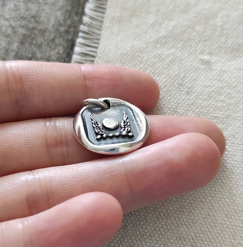 Wax Seal Necklace Pendant/Full Moon Angel Wings/Handmade Silver/Intaglio Seal Heirloom Original Design LT049