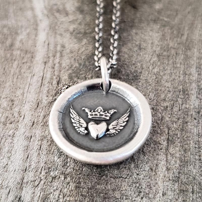 Angel Wings Pendant, Heart Crown Wax Seal Necklace, Handmade Solid Silver Charm, Intaglio Seal Heirloom Jewelry LT036