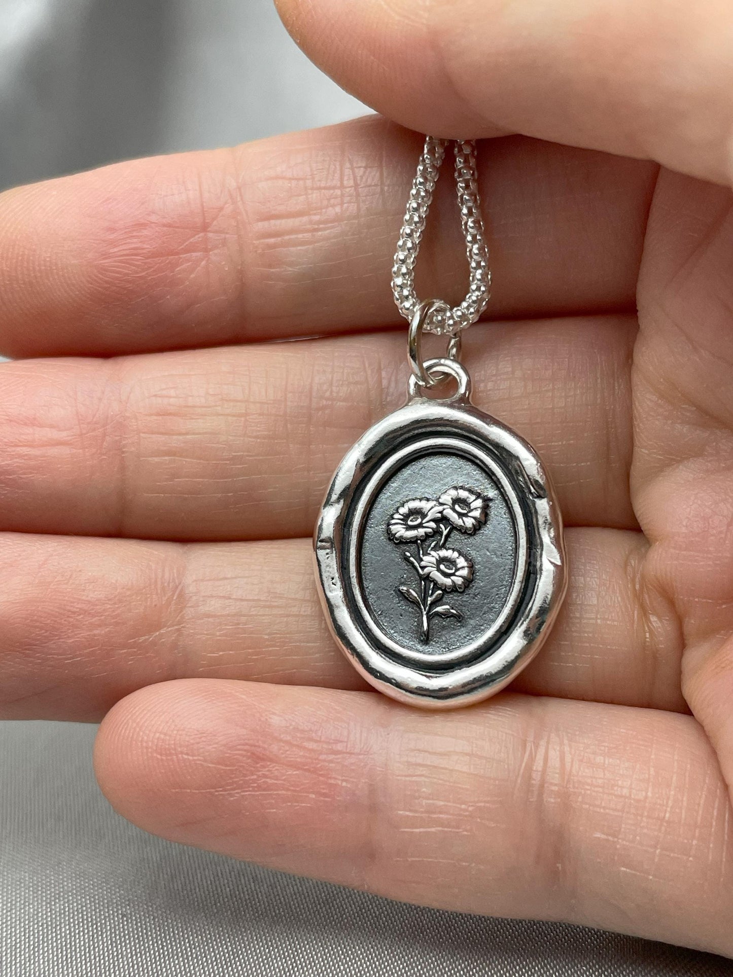 Silver Daisy Pendant, Flower Wax Seal Necklace, Handmade Silver Charm, Intaglio Seal Heirloom, Original Design LT090