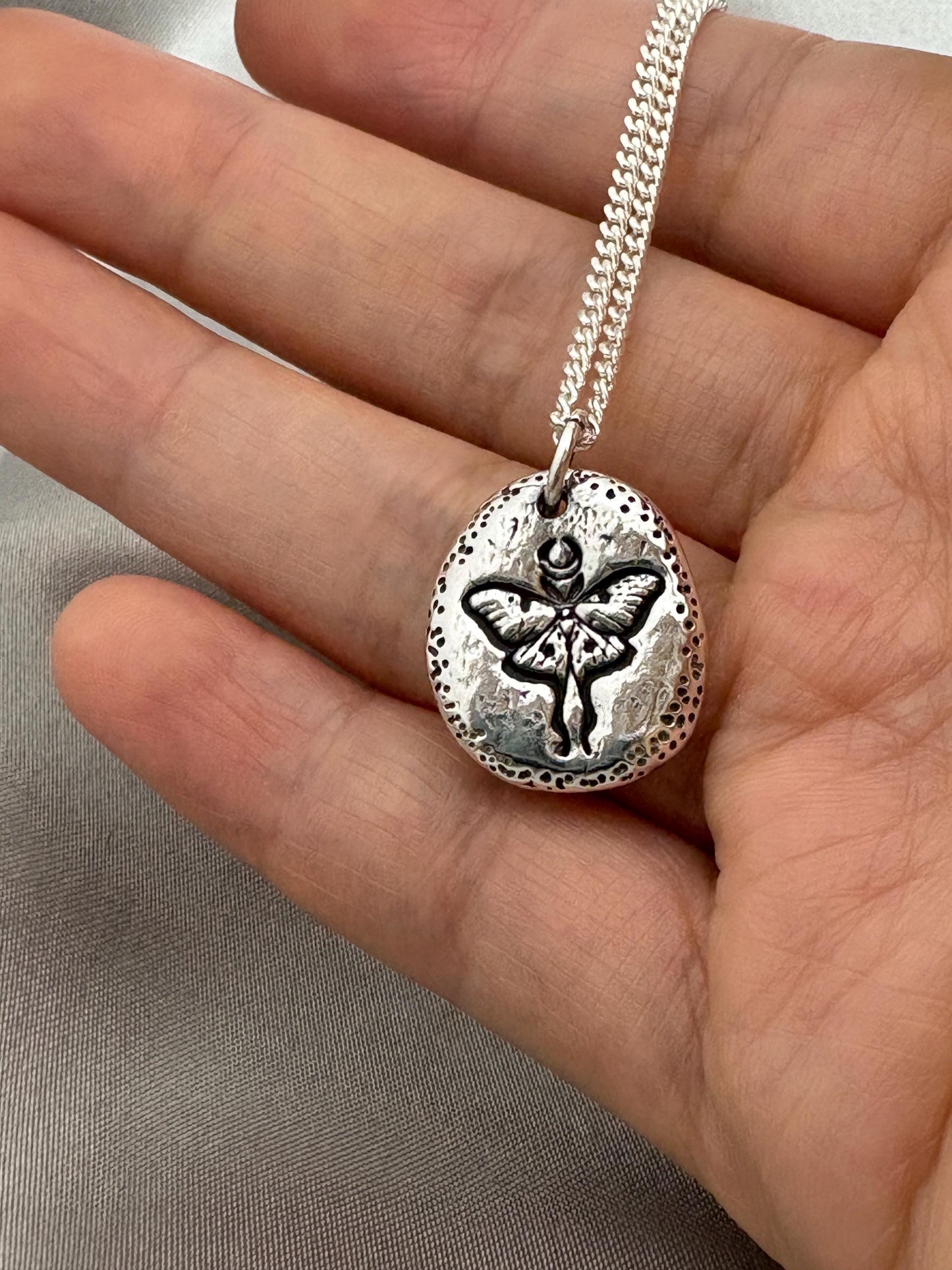 Unique Luna Moth Necklace Pendant, Handmade Silver Talisman, Stamped Bohemian Necklace, Original Design by Liliane Ting