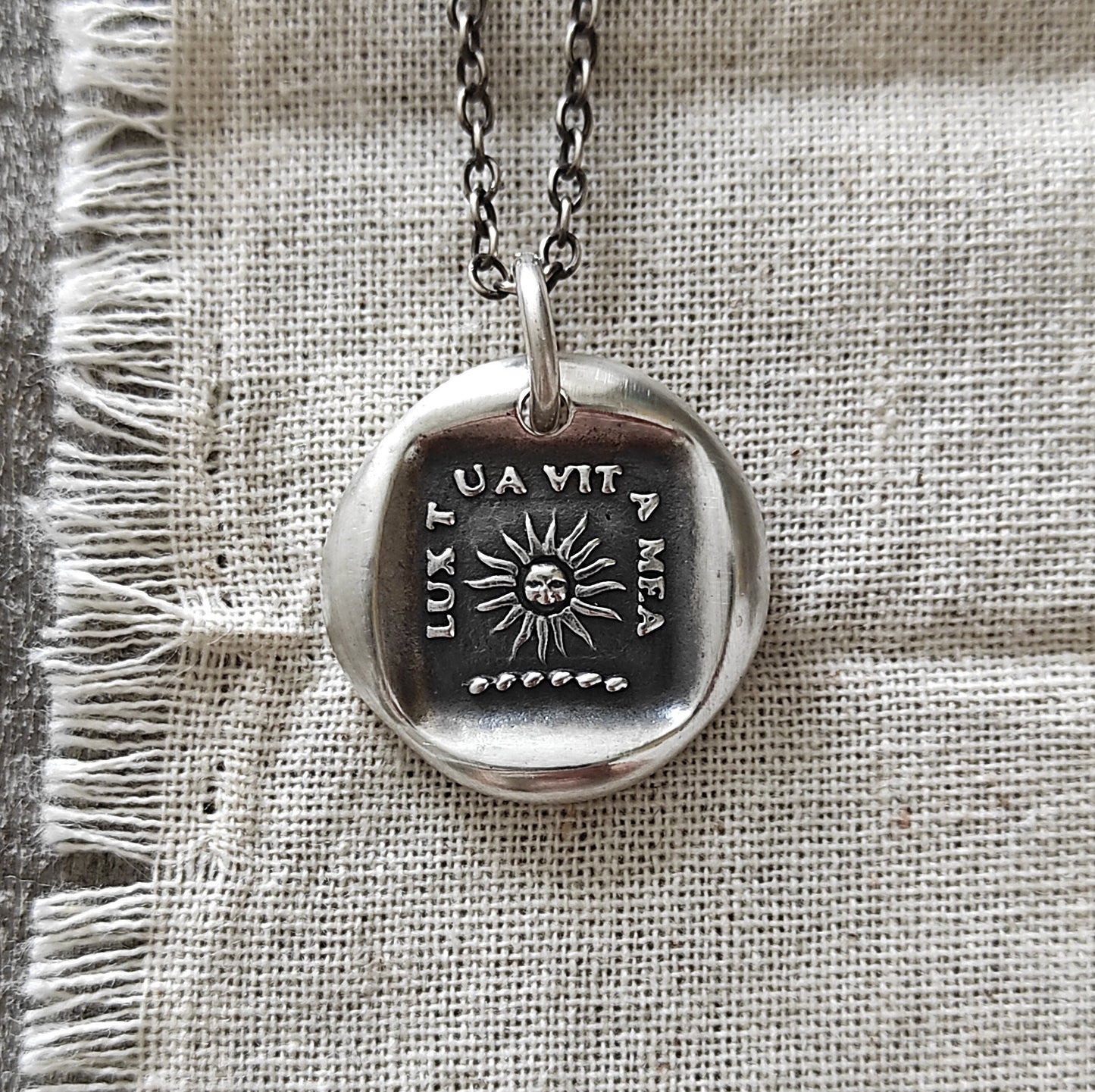 Sun Necklace, Wax Seal Pendant/Latin Motto/Handmade Silver Talisman/Intaglio Seal Heirloom Original Design by Liliane Ting LT001