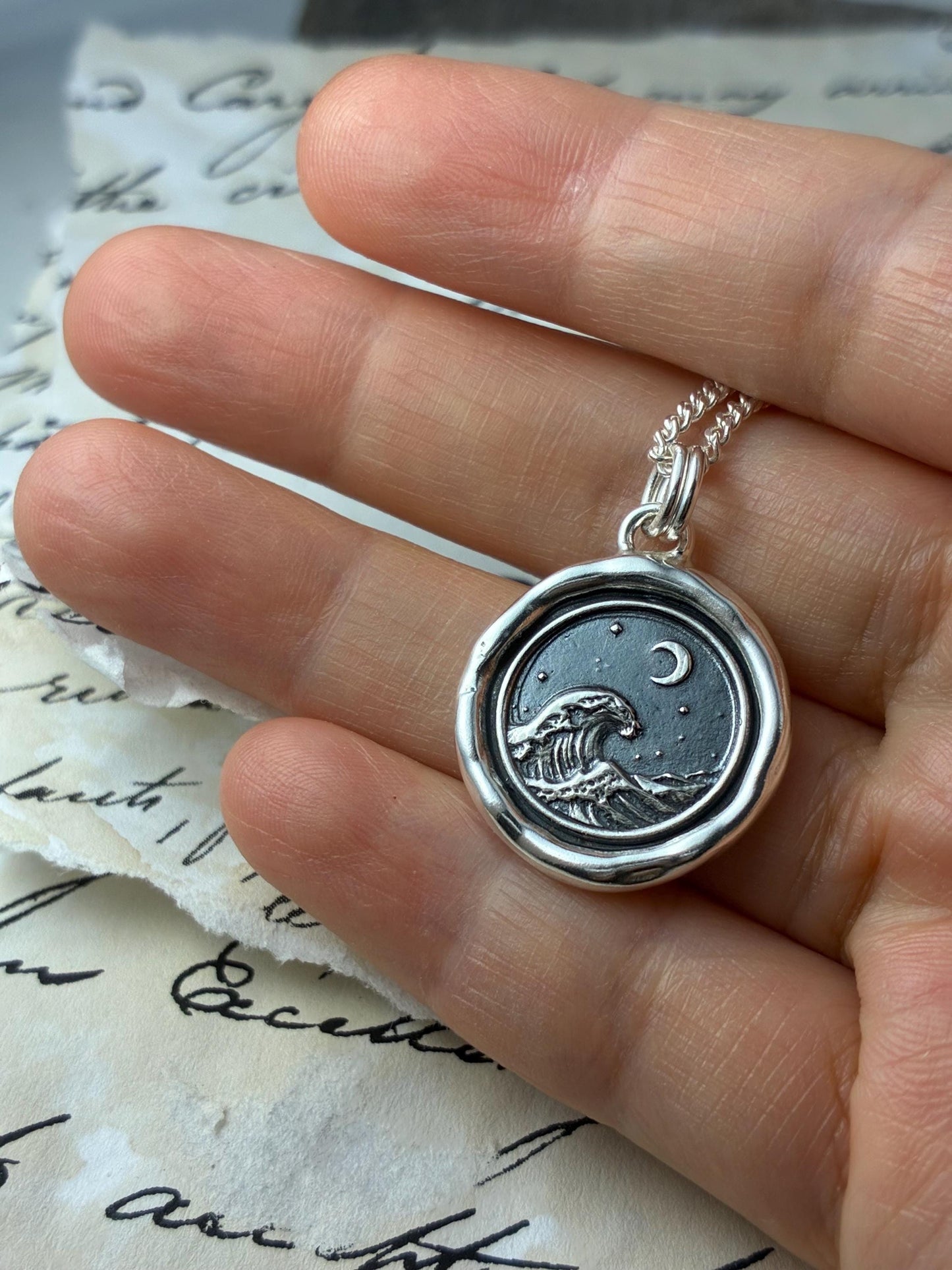 Ocean Wave & Crescent Moon Necklace • Wax Seal Silver Pendant • Nautical Keepsake • Original Design by Liliane Ting