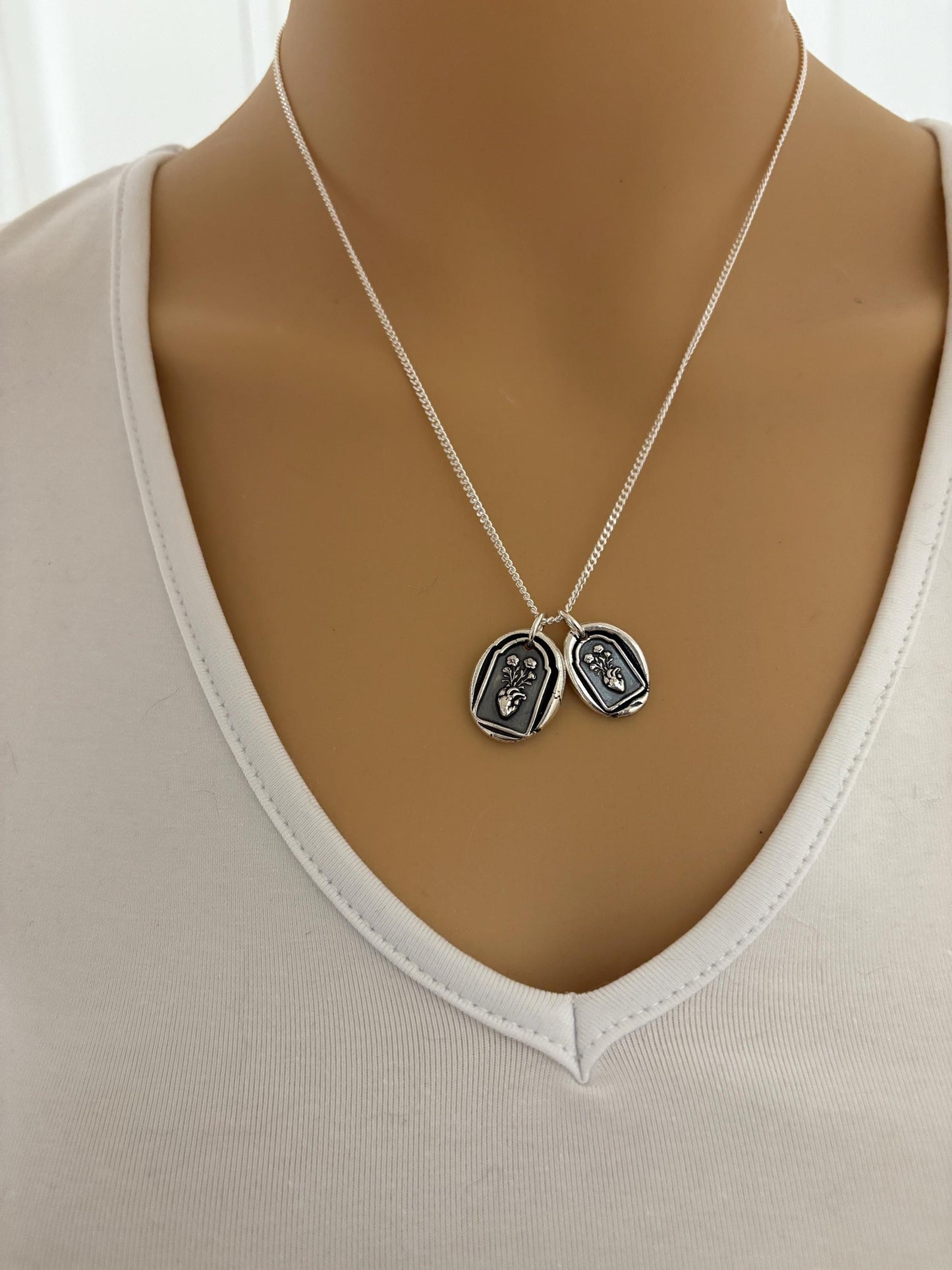 Silver Flaming Heart Pendant – Sacred Heart with Flowers Necklace – Wax Seal Style Religious Jewelry Original Design by Liliane Ting