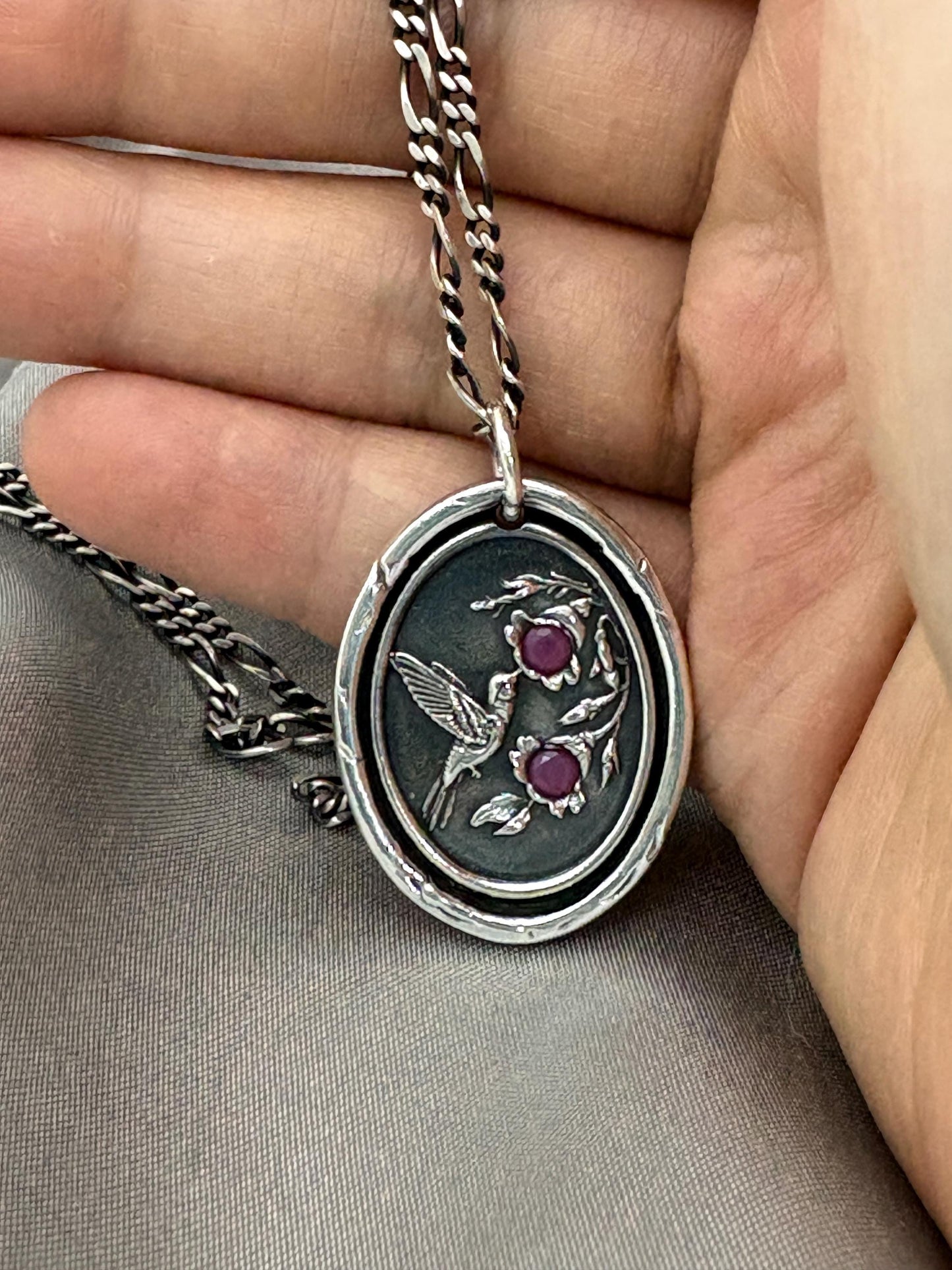 Hummingbird Flower Ruby Gem Wax Seal Necklace Pendant, Handmade Silver Charm, Intaglio Seal Heirloom, Original Design LT094