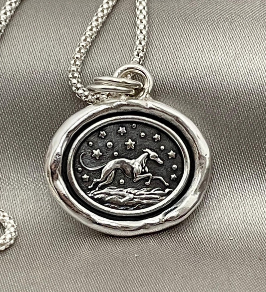 Greyhound dog Celestial Star Wax Seal Necklace Pendant, Handmade Silver Talisman, Intaglio Seal Heirloom, Original Design LT087