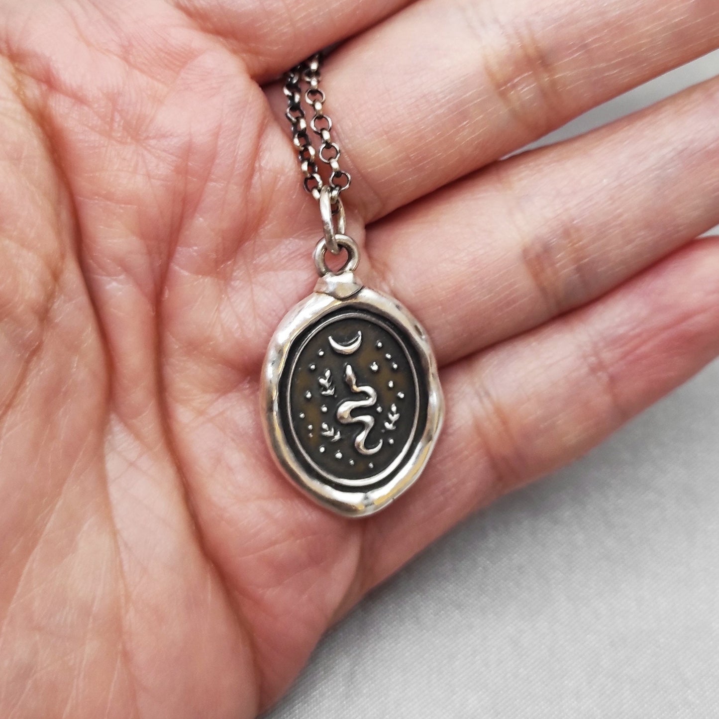 Snake Necklace, Celestial Moon Wax Seal Pendant, Handmade Silver Talisman, Intaglio Seal Heirloom Original Design Liliane Ting LT025