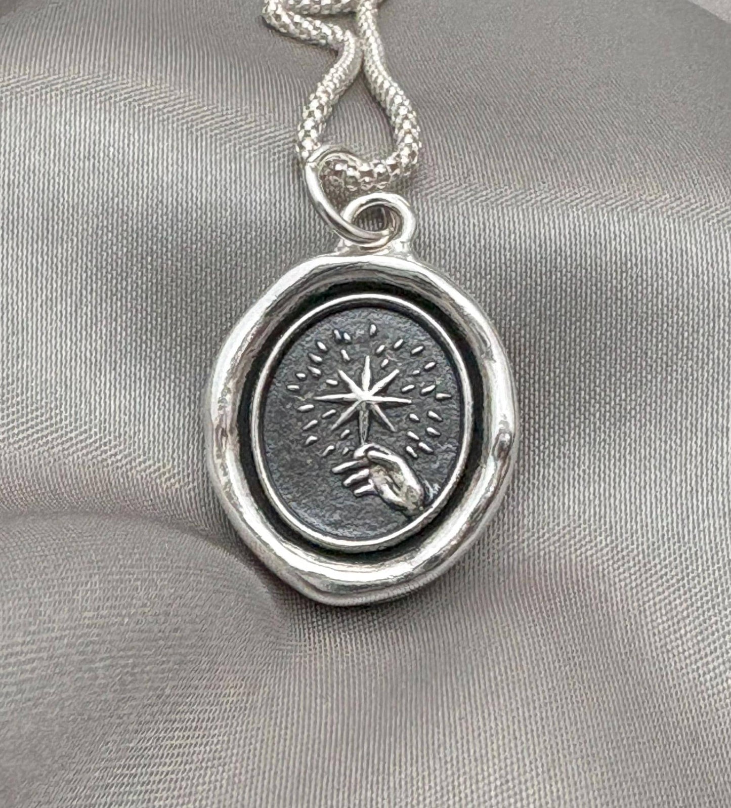 Reaching for the Stars Pendant, Celestial Wax Seal Necklace, Handmade Silver Talisman, Intaglio Seal Heirloom, Original Design Liliane Ting