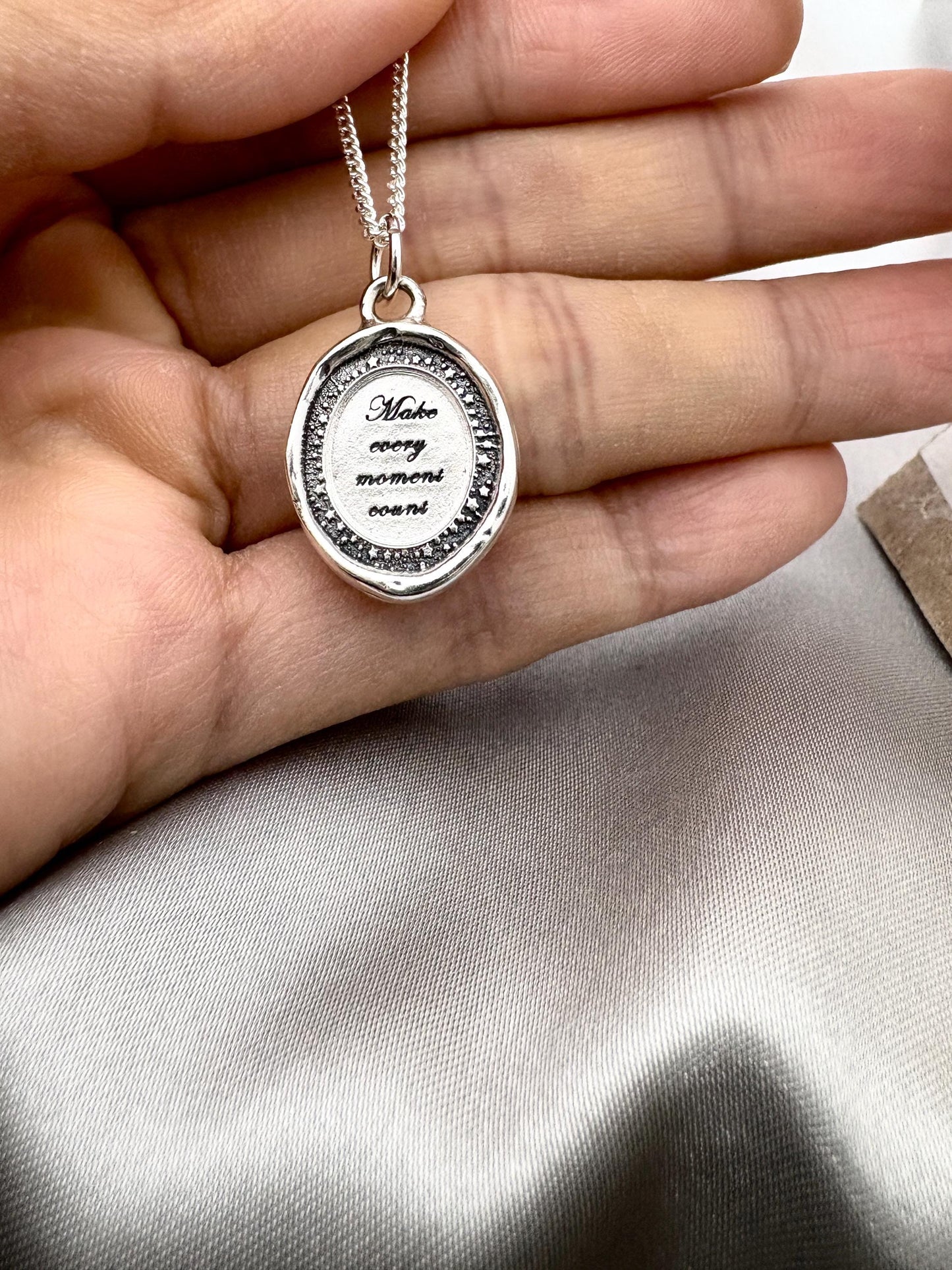 Personalized Inspirational Wax Seal Necklace, Stamped Quote Handcrafted Silver Pendant, Intaglio Seal Heirloom, Original Design Liliane Ting