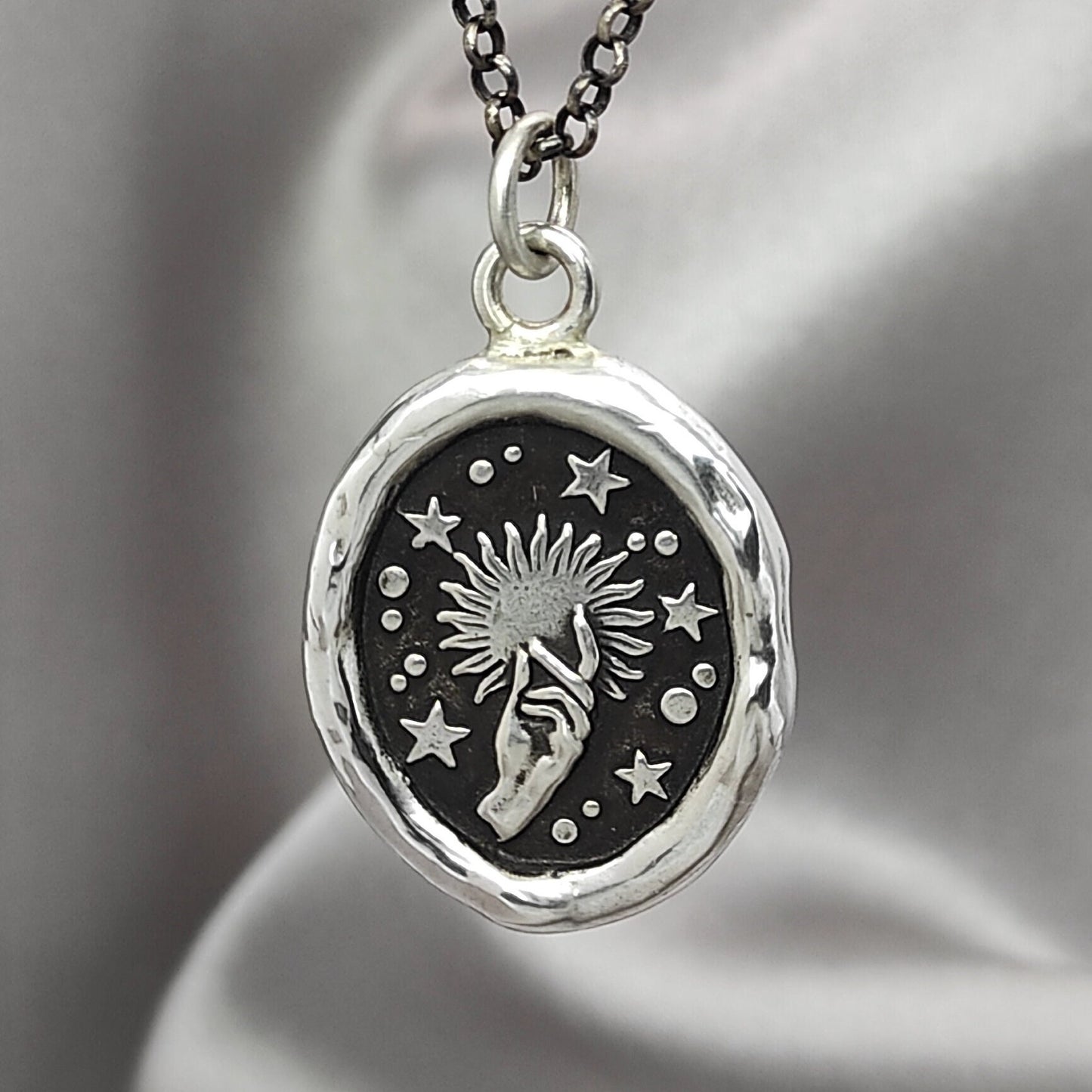 Celestial Sun Star Magic Hand Wax Seal Necklace Pendant, Handmade Silver Talisman, Intaglio Seal Heirloom, Original Design LT004