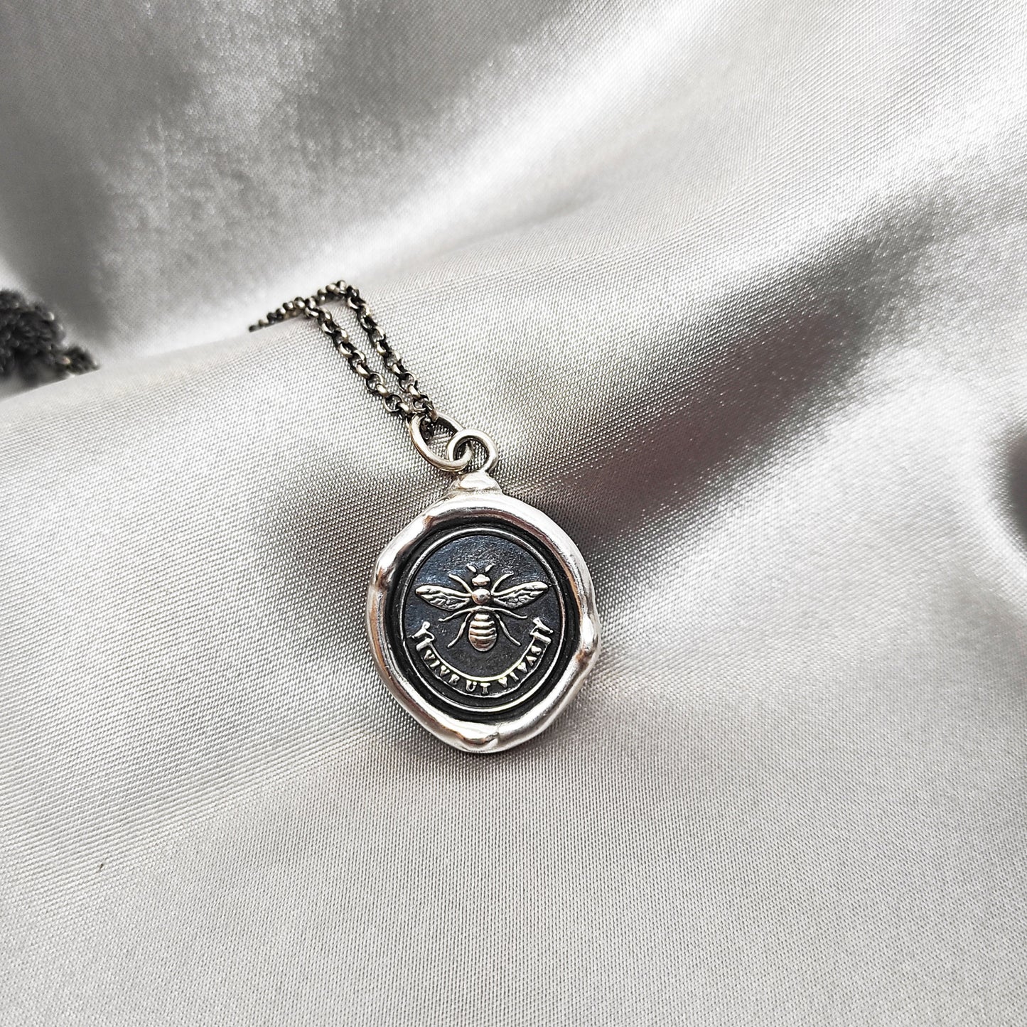 BEE Wax Seal Necklace Pendant, Handmade Silver Talisman, Intaglio Seal Heirloom, Original Design Liliane Ting Studio LT069