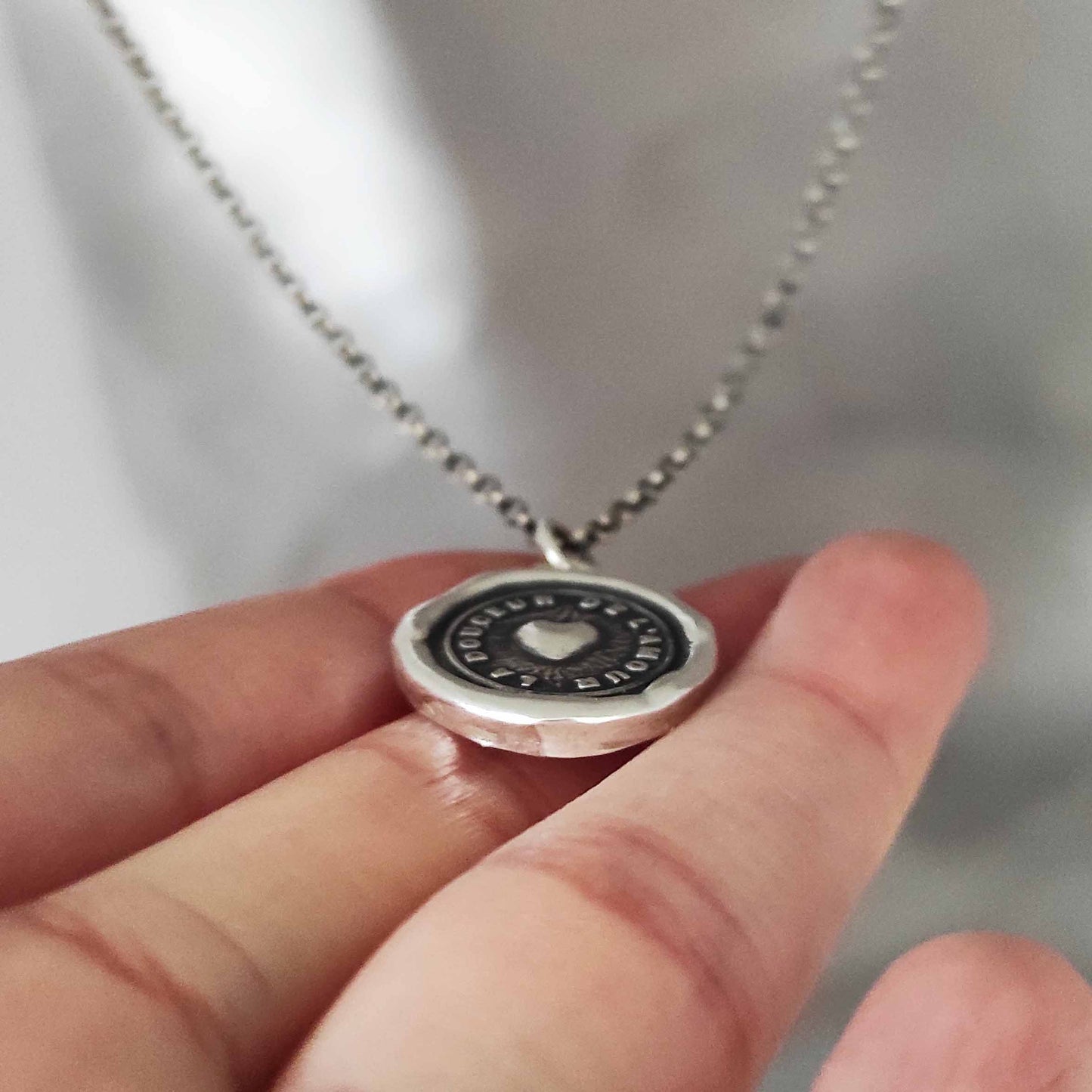 Heart Love Necklace, Wax Seal Silver Pendant, Handmade Silver Talisman, Intaglio Seal Heirloom, French Motto LT009