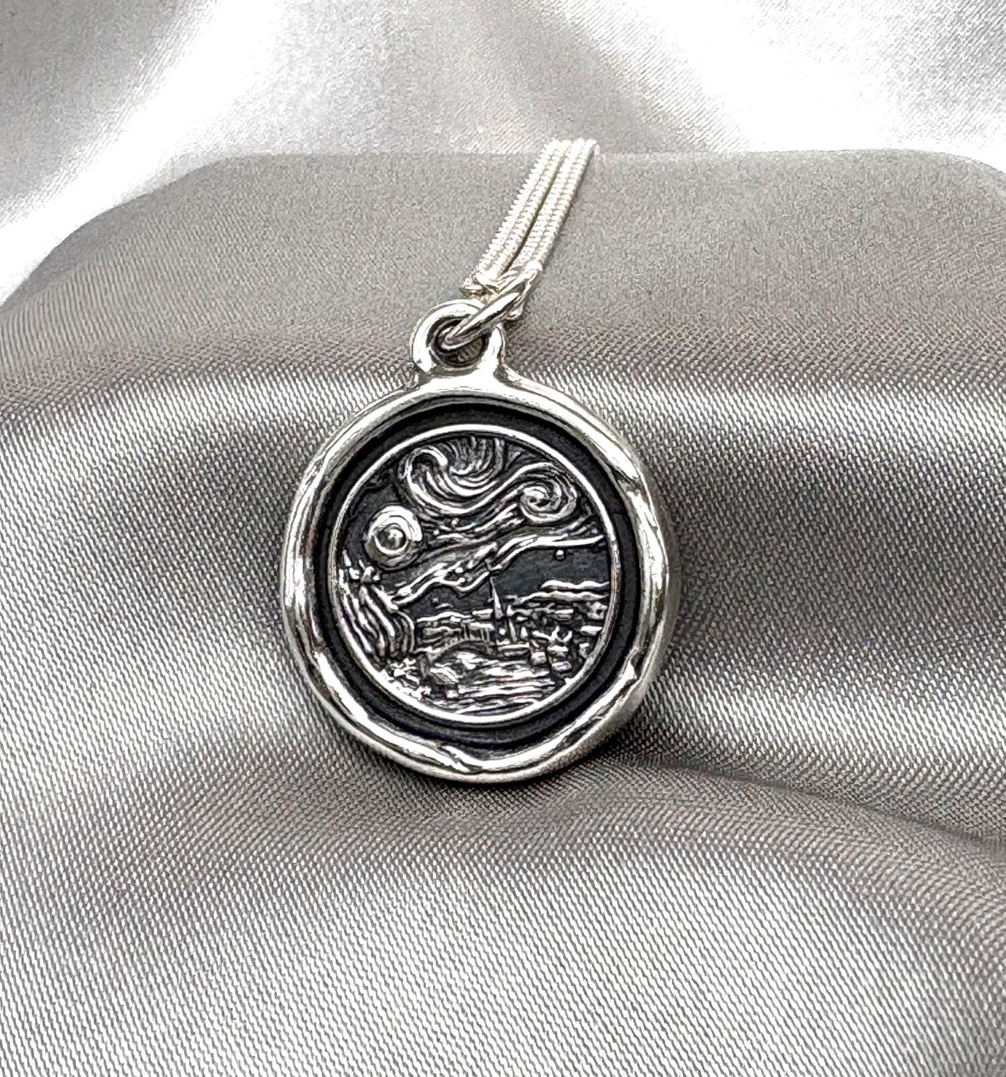 Van Gogh Starry Night Pendant – Artistic Wax Seal Necklace, Handmade Silver Charm, Intaglio Seal Heirloom, Original Design LT Studio