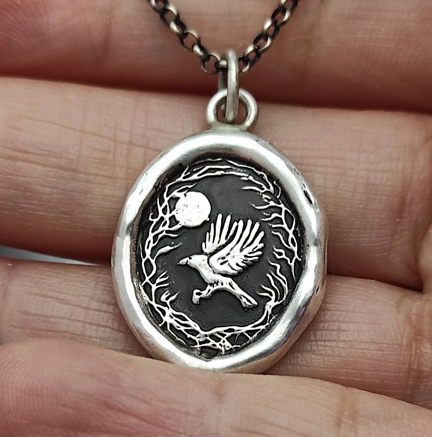 Woodland Crow Wax Seal Necklace Pendant, Handmade Silver Talisman, Intaglio Seal Heirloom, Original Design Liliane Ting LT024