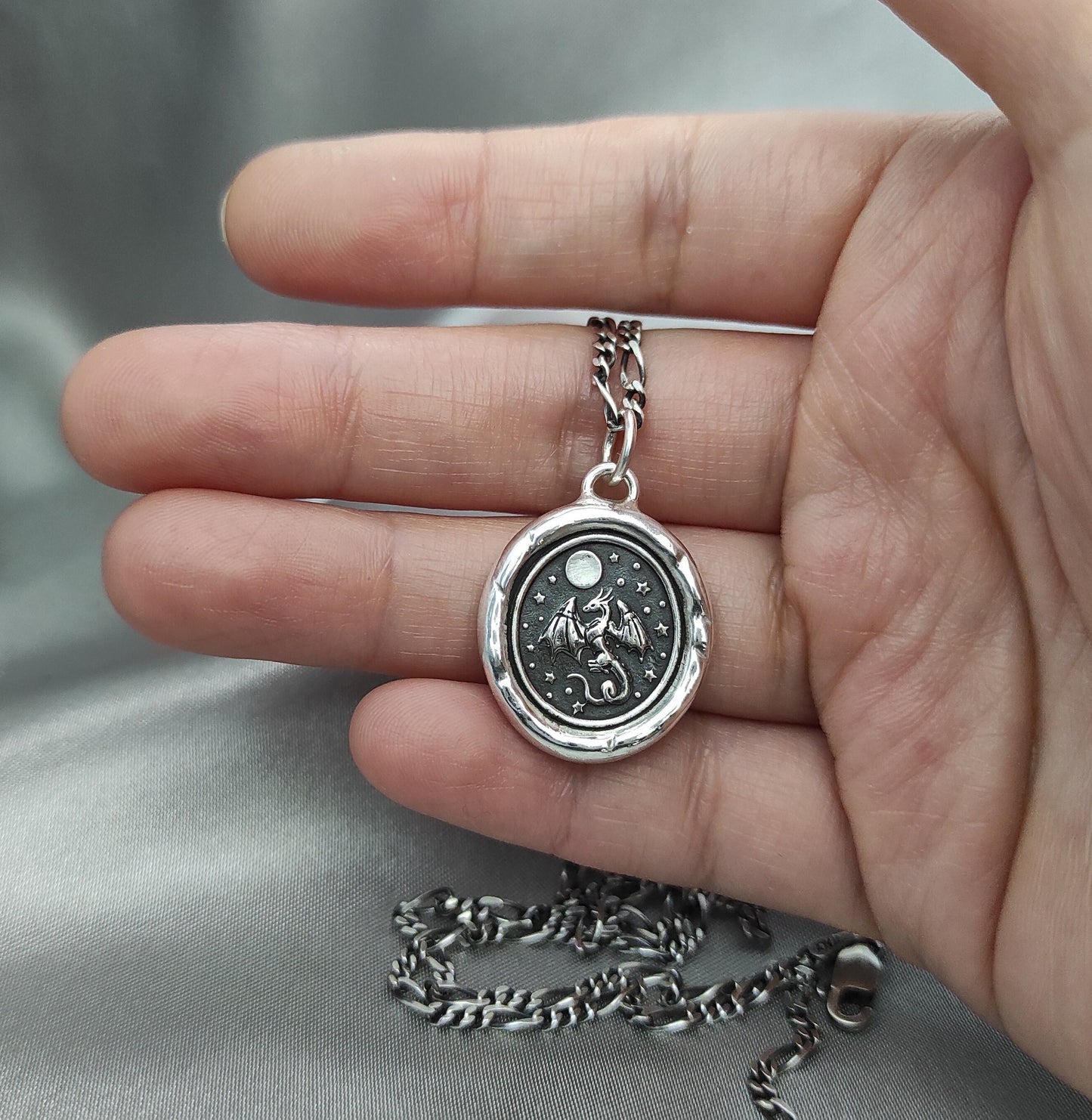 Dragon Celestial Star Moon Wax Seal Necklace Pendant, Handmade Silver Talisman, Intaglio Seal Heirloom, Original Design LT083