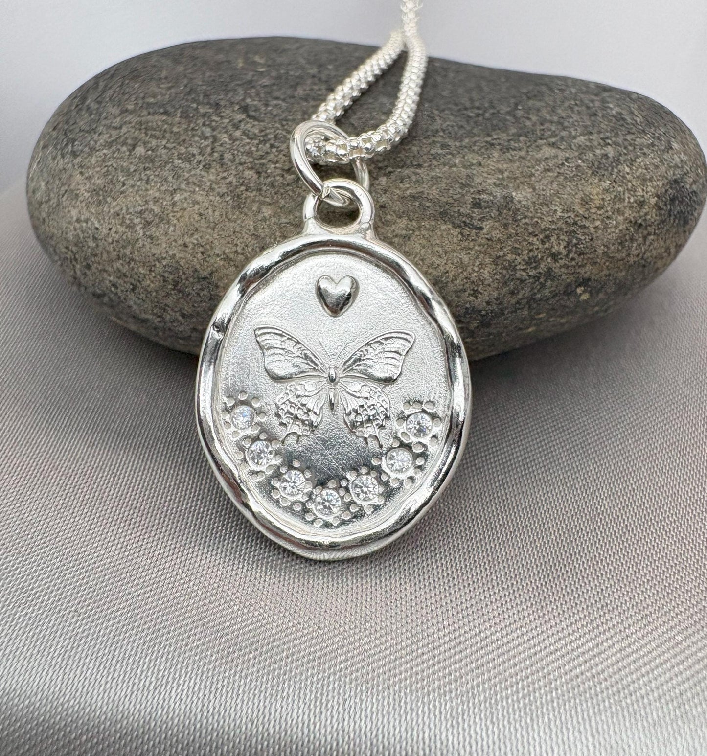 Silver Butterfly Pendant with CZ – Nature-Inspired Elegance, Handmade Silver Charm, Intaglio Seal Heirloom, Original Design LT Studio
