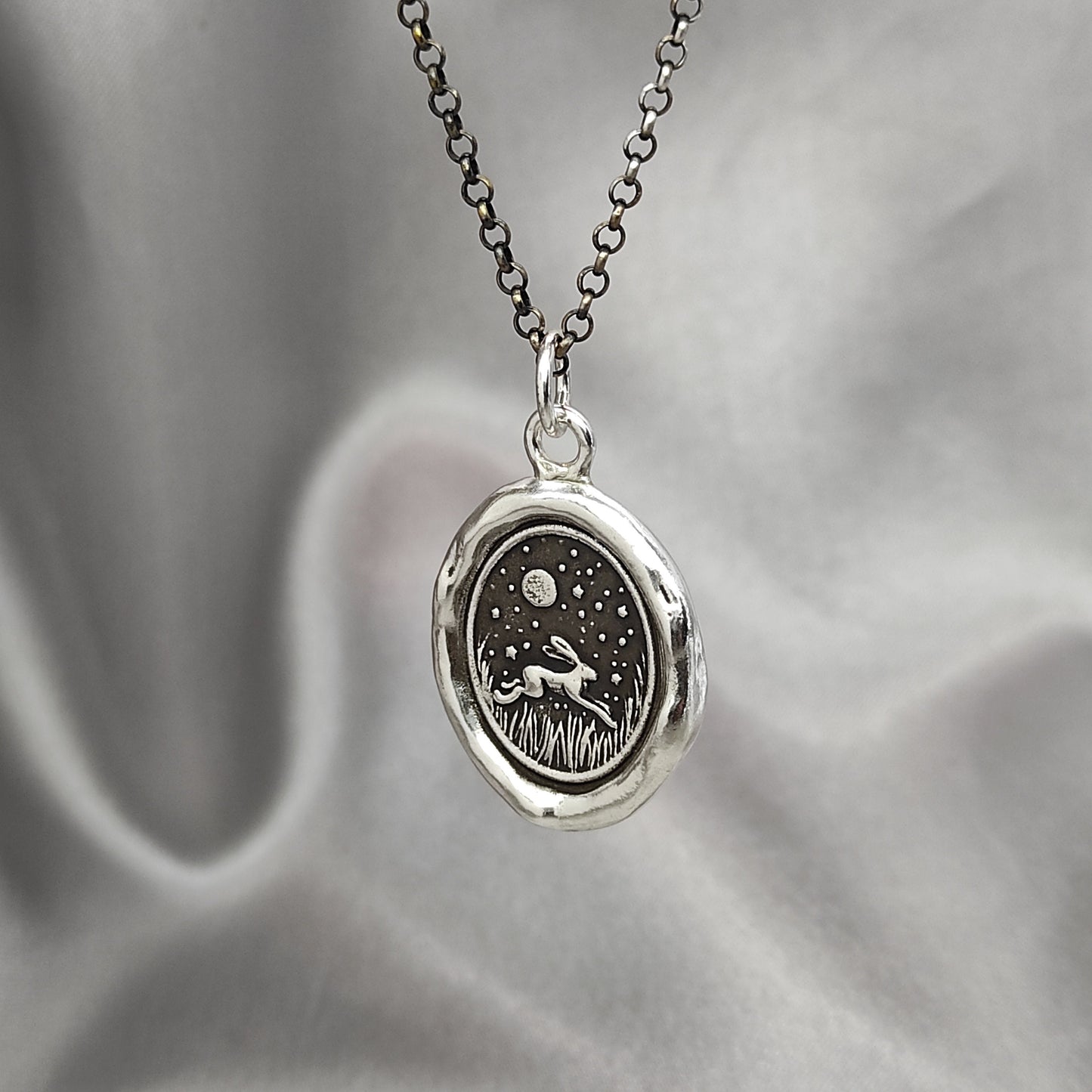 Rabbit Bunny Celestial Star Night Wax Seal Necklace Pendant, Handmade Silver Talisman, Intaglio Seal Heirloom, Original Design Liliane Ting