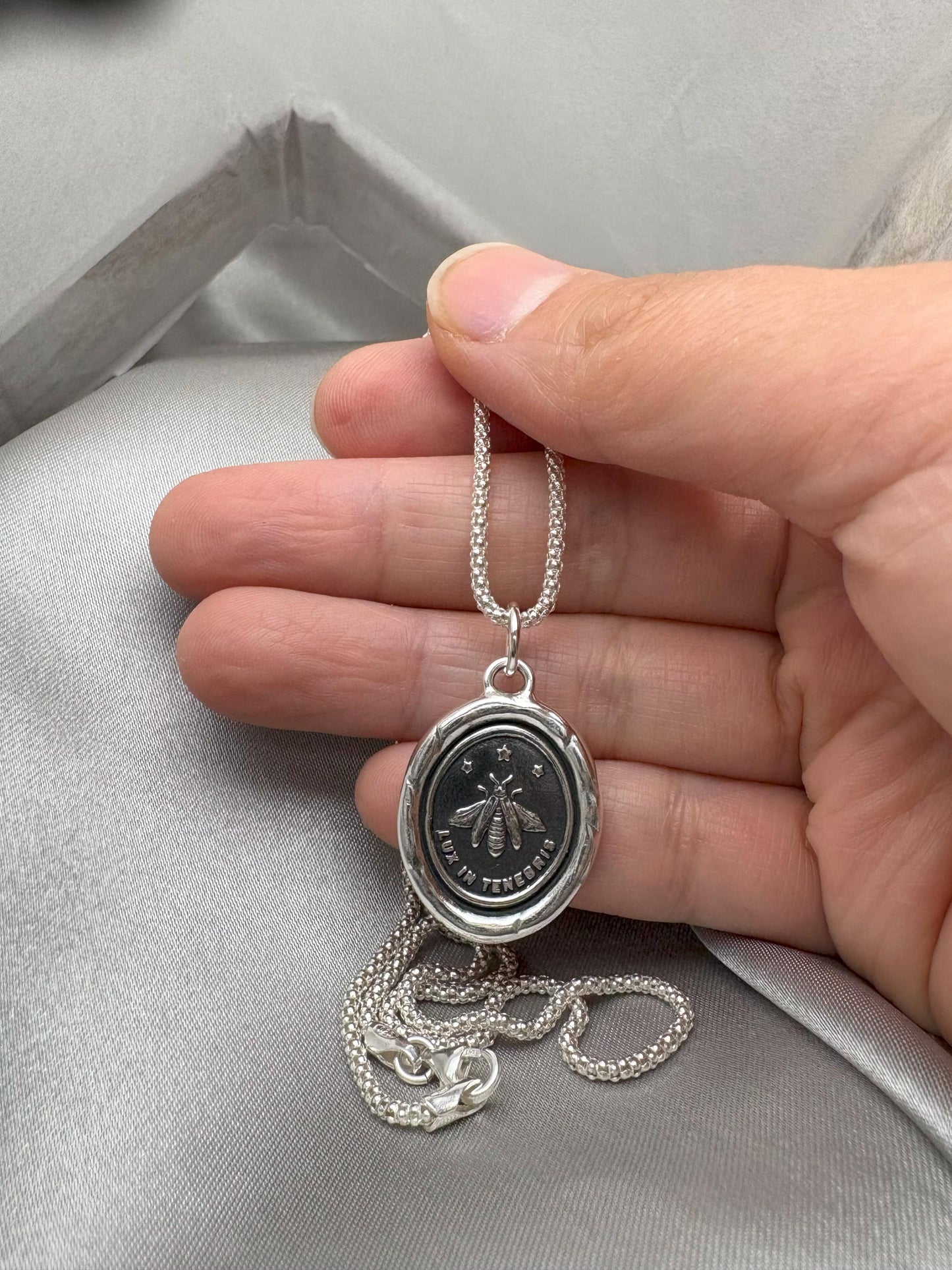 Inspirational Firefly Necklace, Wax Seal Silver Pendant, Handmade Silver Talisman, Intaglio Seal Heirloom, Original Design by Liliane Ting
