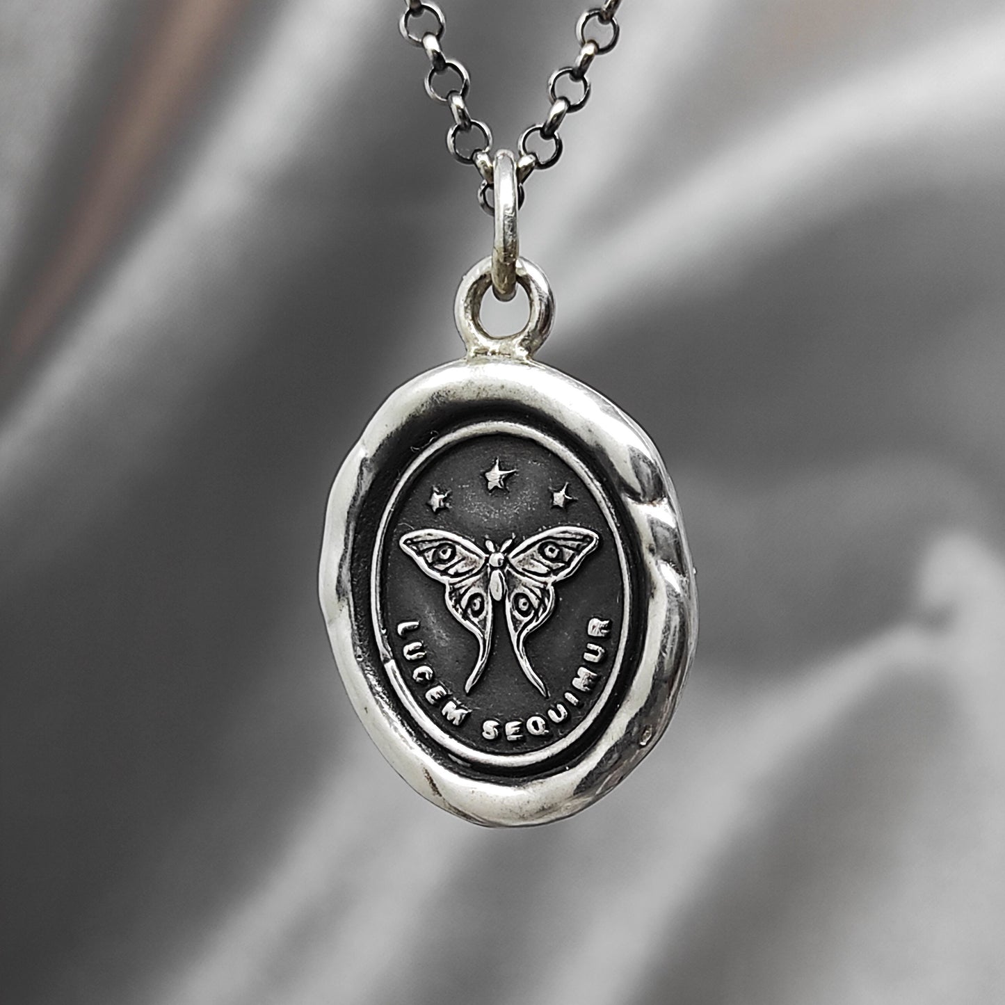 Moth Follow the Light Wax Seal Necklace Pendant, Handmade Silver Talisman, Intaglio Seal Heirloom, Original Design LT Studio LT002
