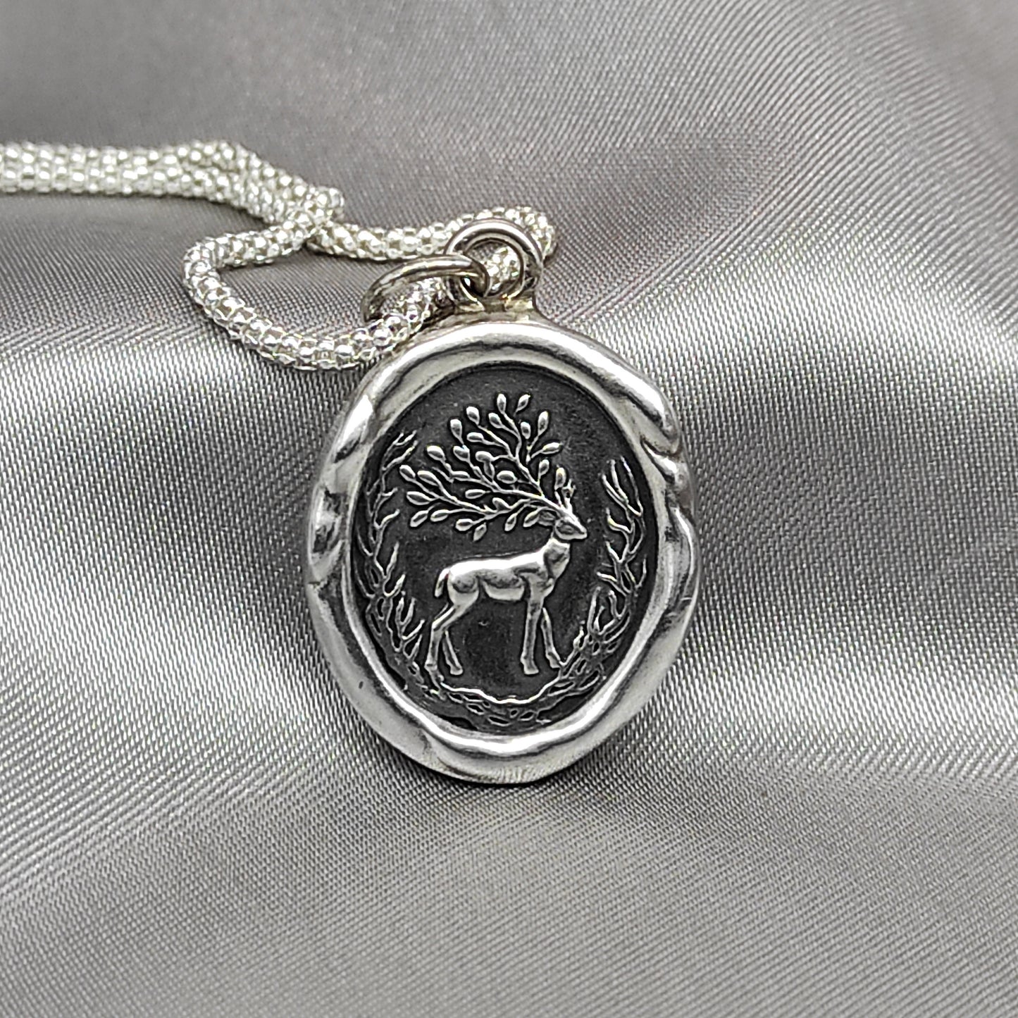 Woodland Deer Necklace, Wax Seal Pendant, Handmade Silver Talisman, Intaglio Seal Heirloom, Original Design Liliane Ting LT043