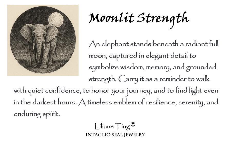 Elephant Necklace, Moon Celestial Wax Seal Pendant, Handmade Silver Talisman, Intaglio Seal Heirloom, Original Design Liliane Ting LT0144