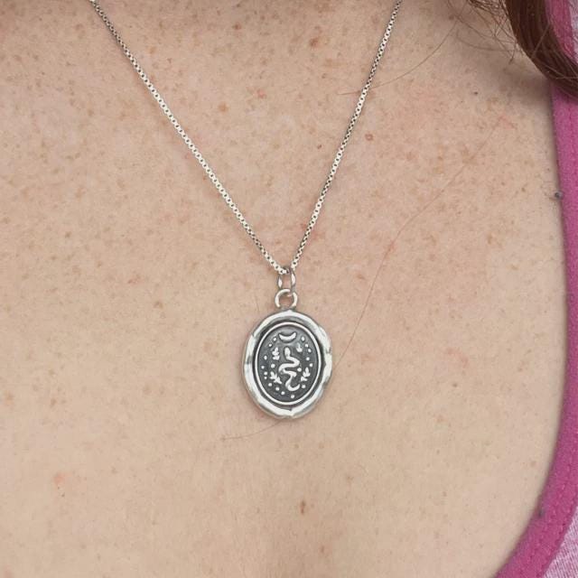 Snake Necklace, Celestial Moon Wax Seal Pendant, Handmade Silver Talisman, Intaglio Seal Heirloom Original Design Liliane Ting LT025