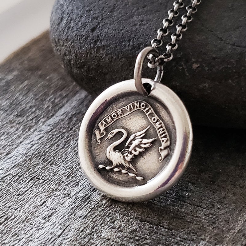 Silver Swan Pendant, Handmade Silver Charm, Wax Seal Necklace, Intaglio Seal Original Design by LilianeTing LT040