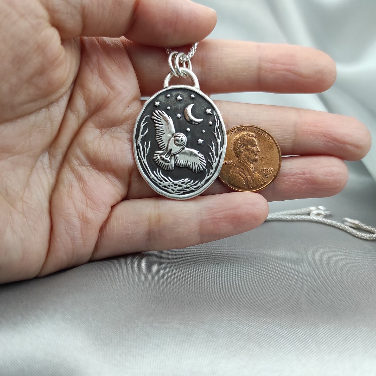 Silver Owl Celestial Pendant, Wax Seal Starry Night Necklace, Handmade Silver Charm, Intaglio Seal Heirloom, Original Design LT068