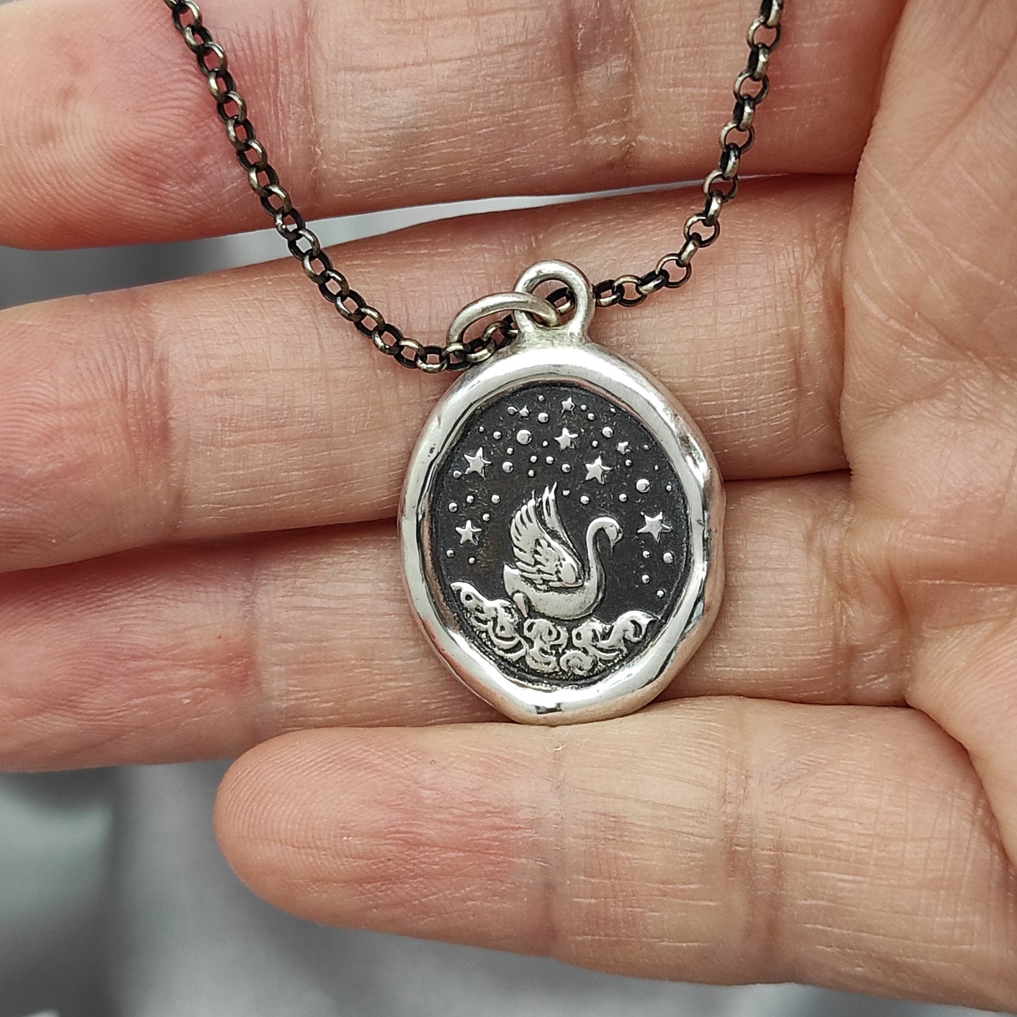 Swan Star Celestial Wax Seal Necklace Pendant, Handmade Silver Talisman, Intaglio Seal Heirloom, Original Design Liliane Ting LT037