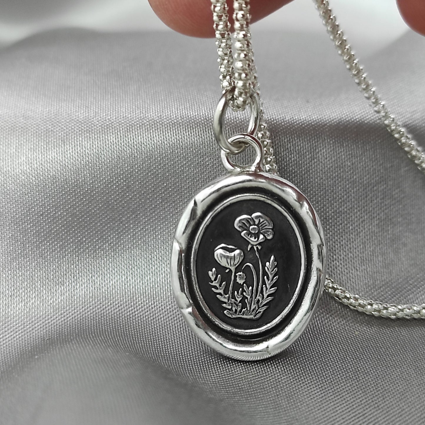 Poppy Flower Necklace, Celestial Wax Seal Pendant, Handmade Silver Talisman, Intaglio Seal, Original Design Liliane Ting Studio LT074