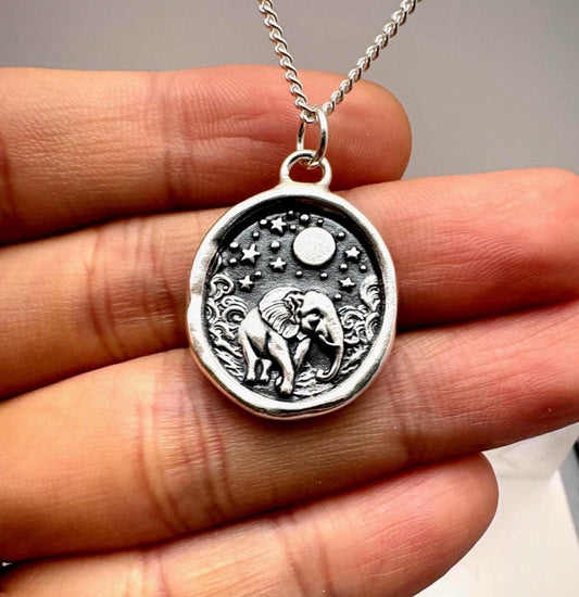 Elephant Moonlit Night Pendant • Handmade Silver Wax Seal Necklace • Symbol of Strength, Wisdom & Serenity • Original Design by Liliane Ting