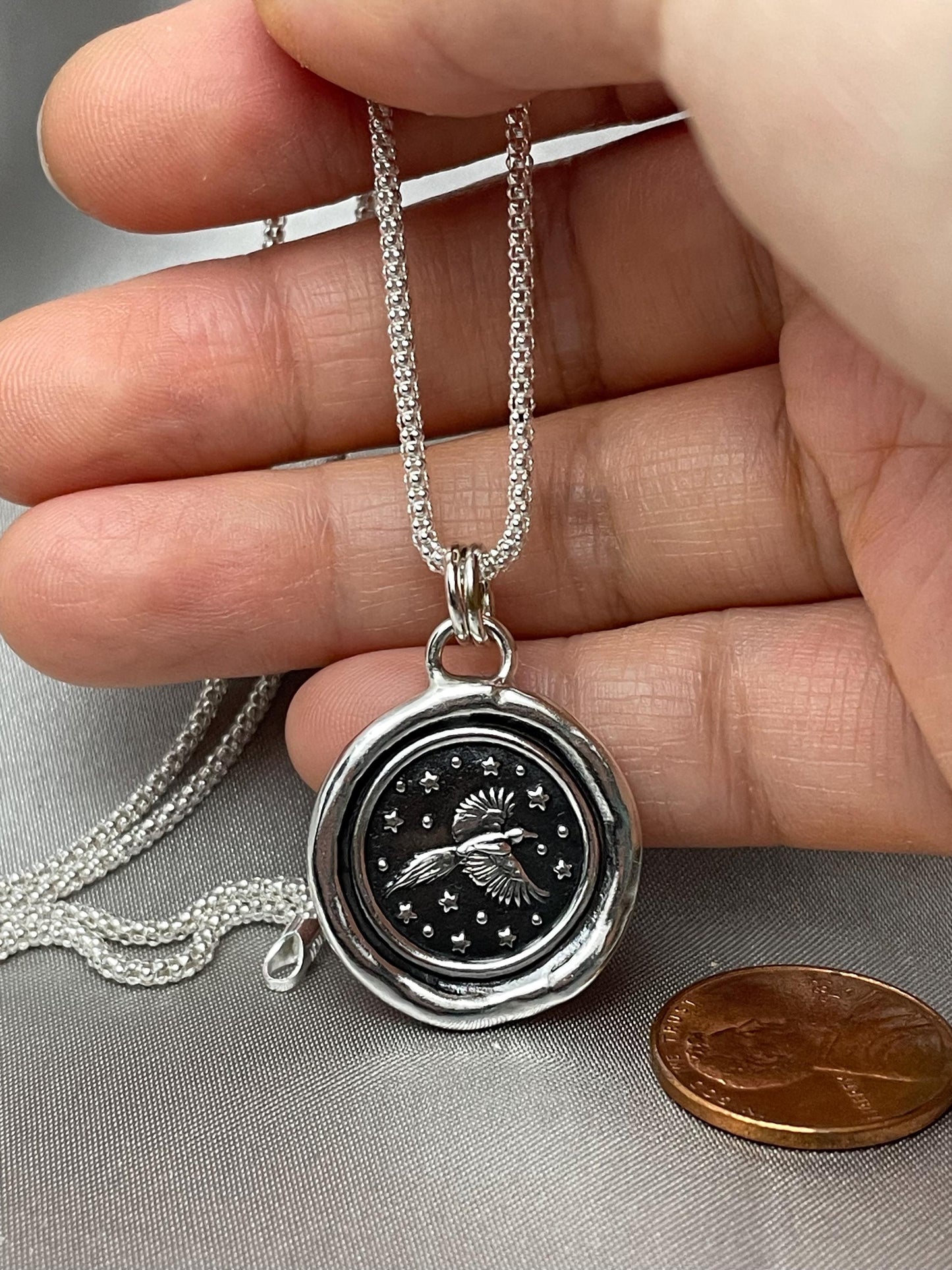 Soaring Bird Celestial Star Wax Seal Necklace Pendant, Handmade Silver Talisman, Intaglio Seal Heirloom, Original Design LT091