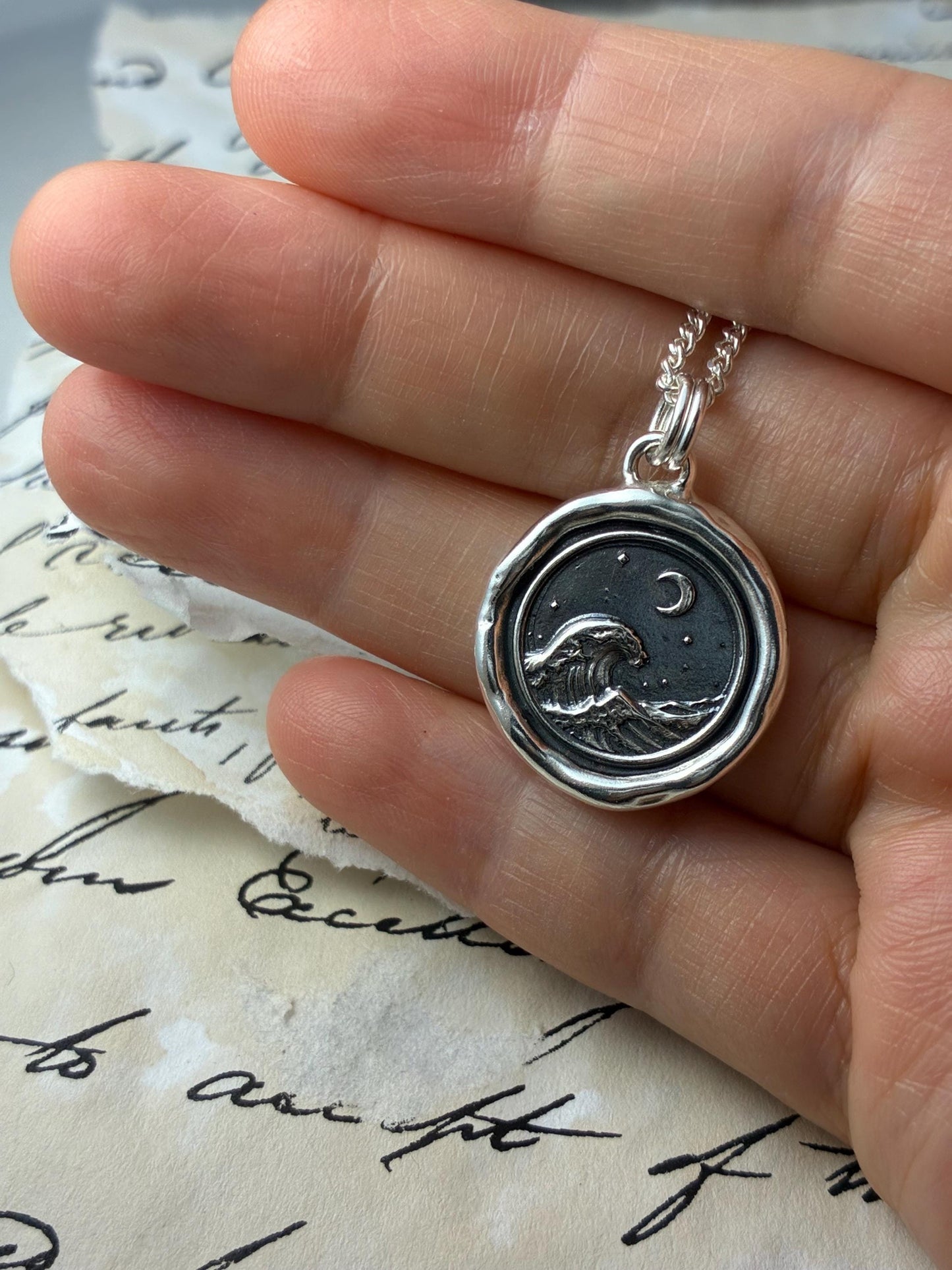 Ocean Wave & Crescent Moon Necklace • Wax Seal Silver Pendant • Nautical Keepsake • Original Design by Liliane Ting